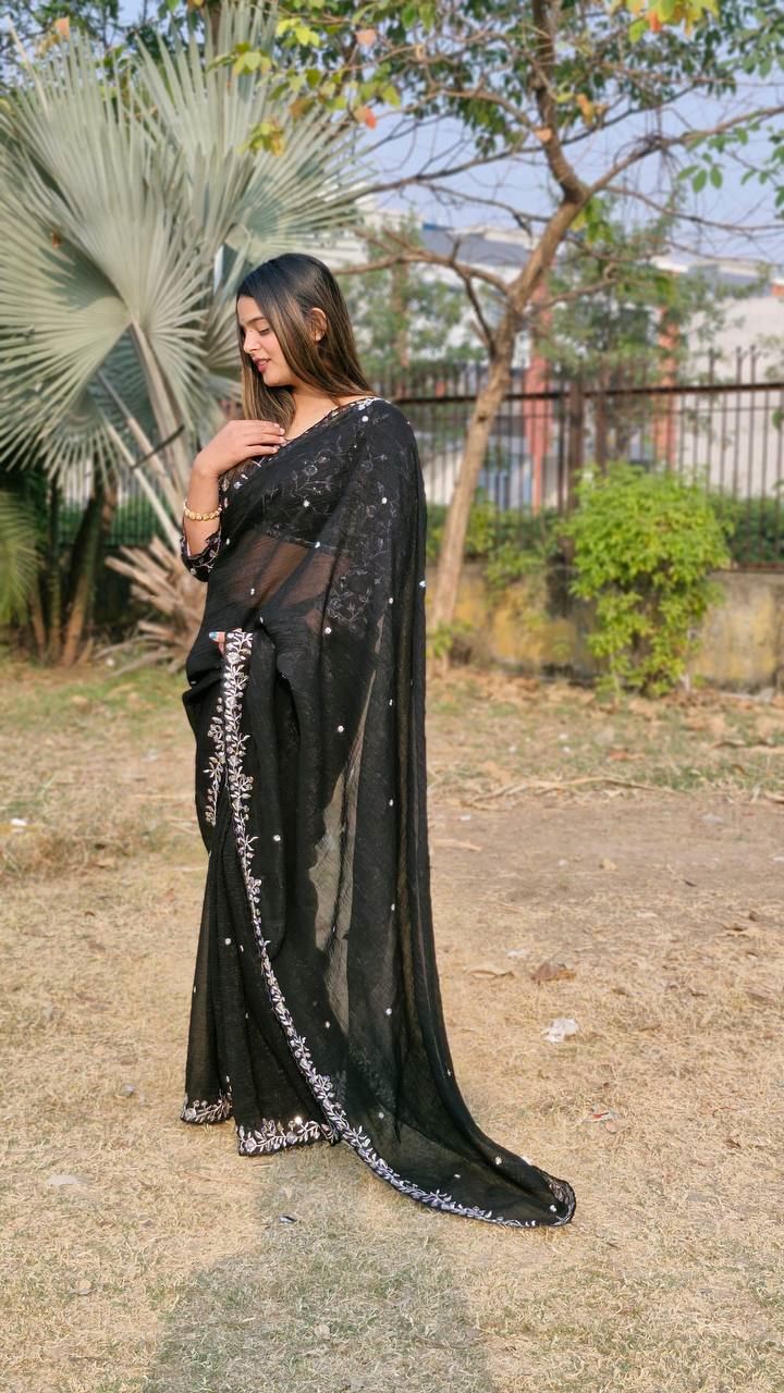 Black Colour Candy Crush Silk Embroidery Work Saree