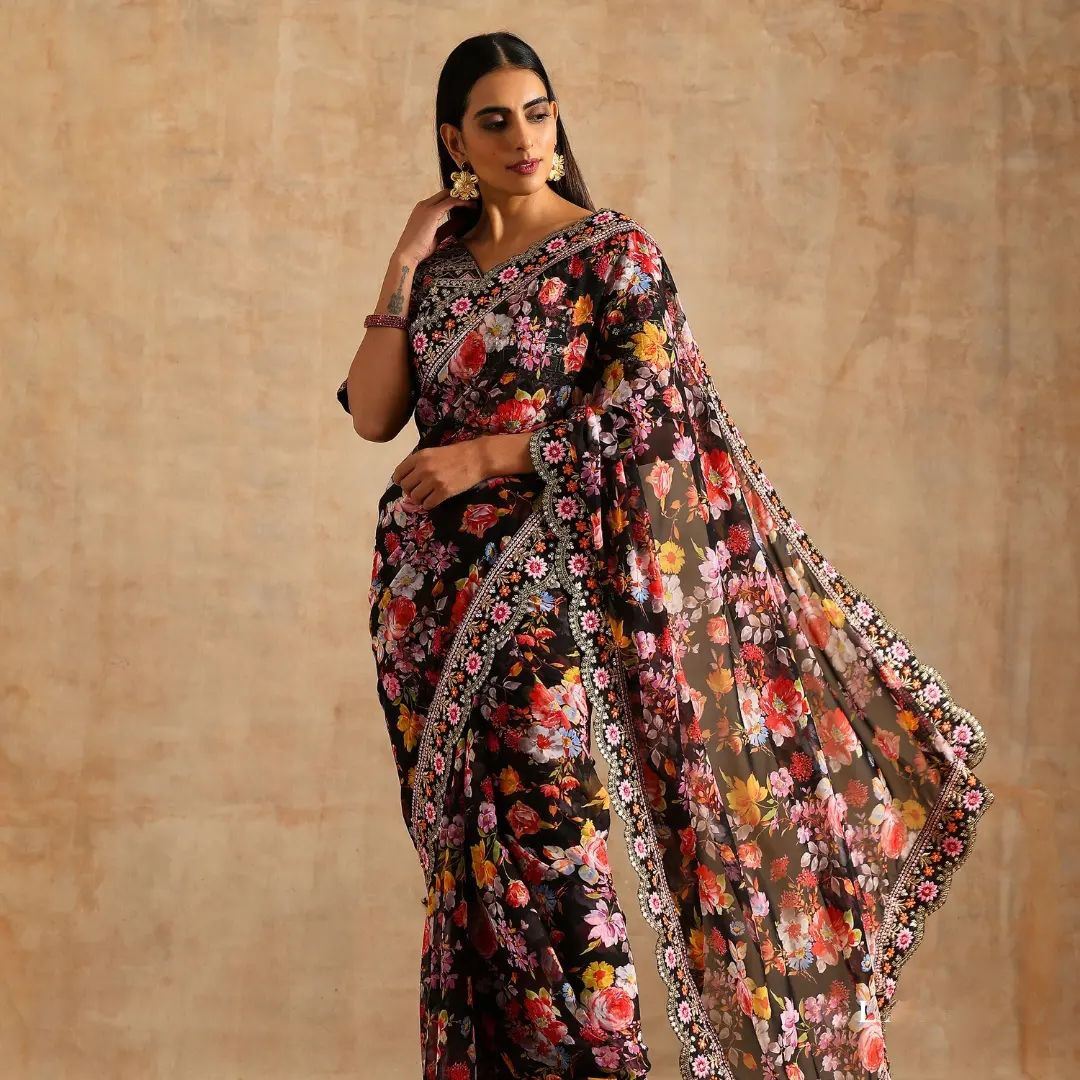 Black Colour Georgette Embroidery Work Saree