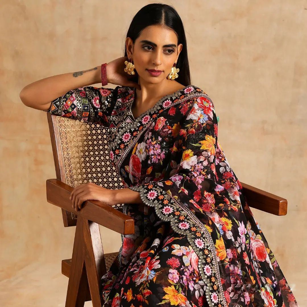 Black Colour Georgette Embroidery Work Saree