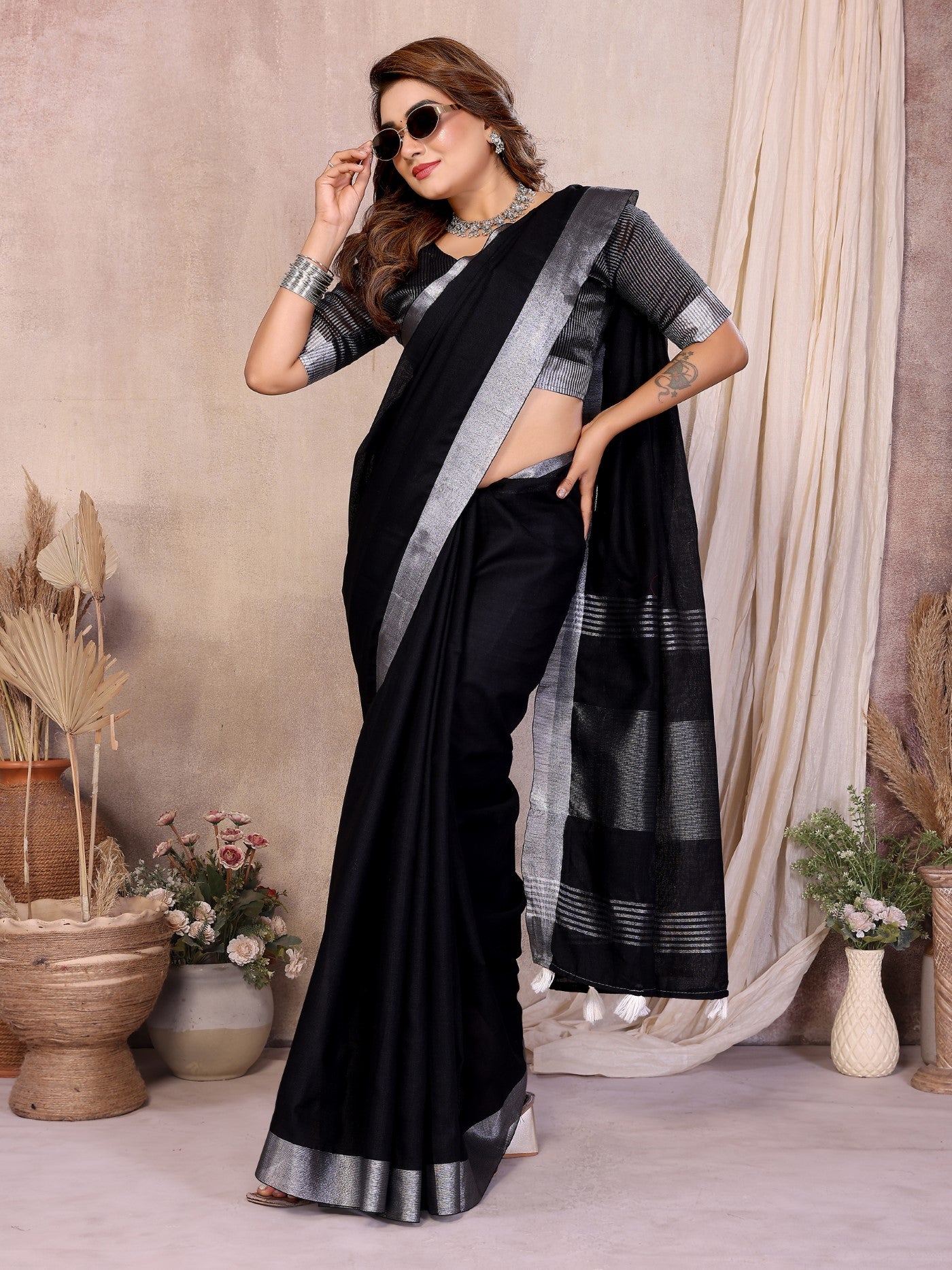 Black Cotton Saree With Traditional Silver Zari Border