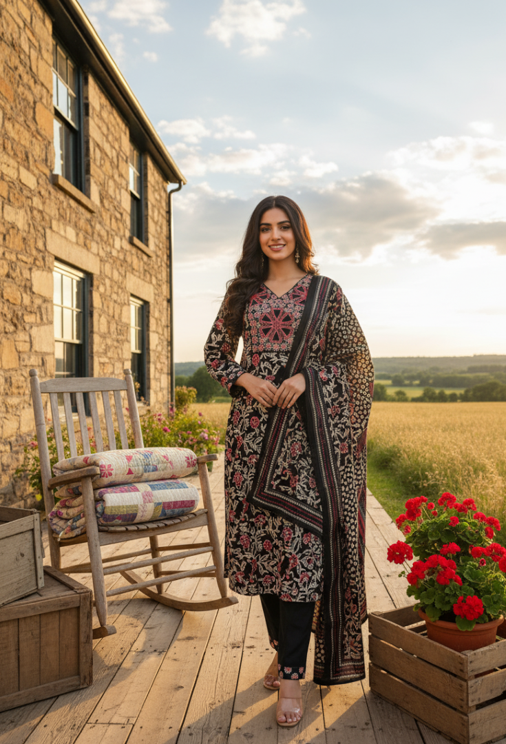 Black Cotton Silk Designer Suit Set With Luxe Embroidery