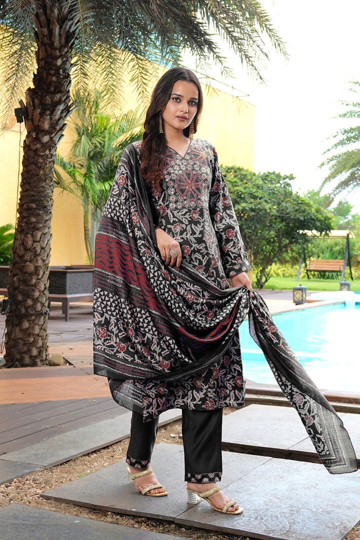 Black Cotton Silk Designer Suit Set With Luxe Embroidery