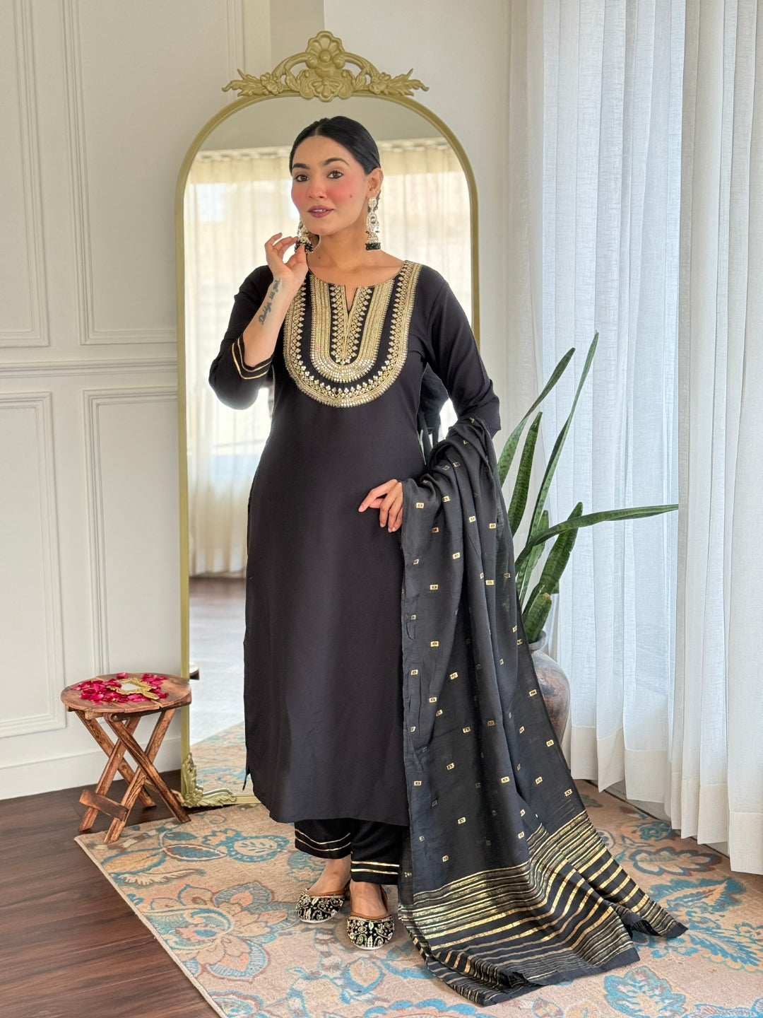 Black Cotton Slub Elegant Kurta Pant Set With Embroidery Work