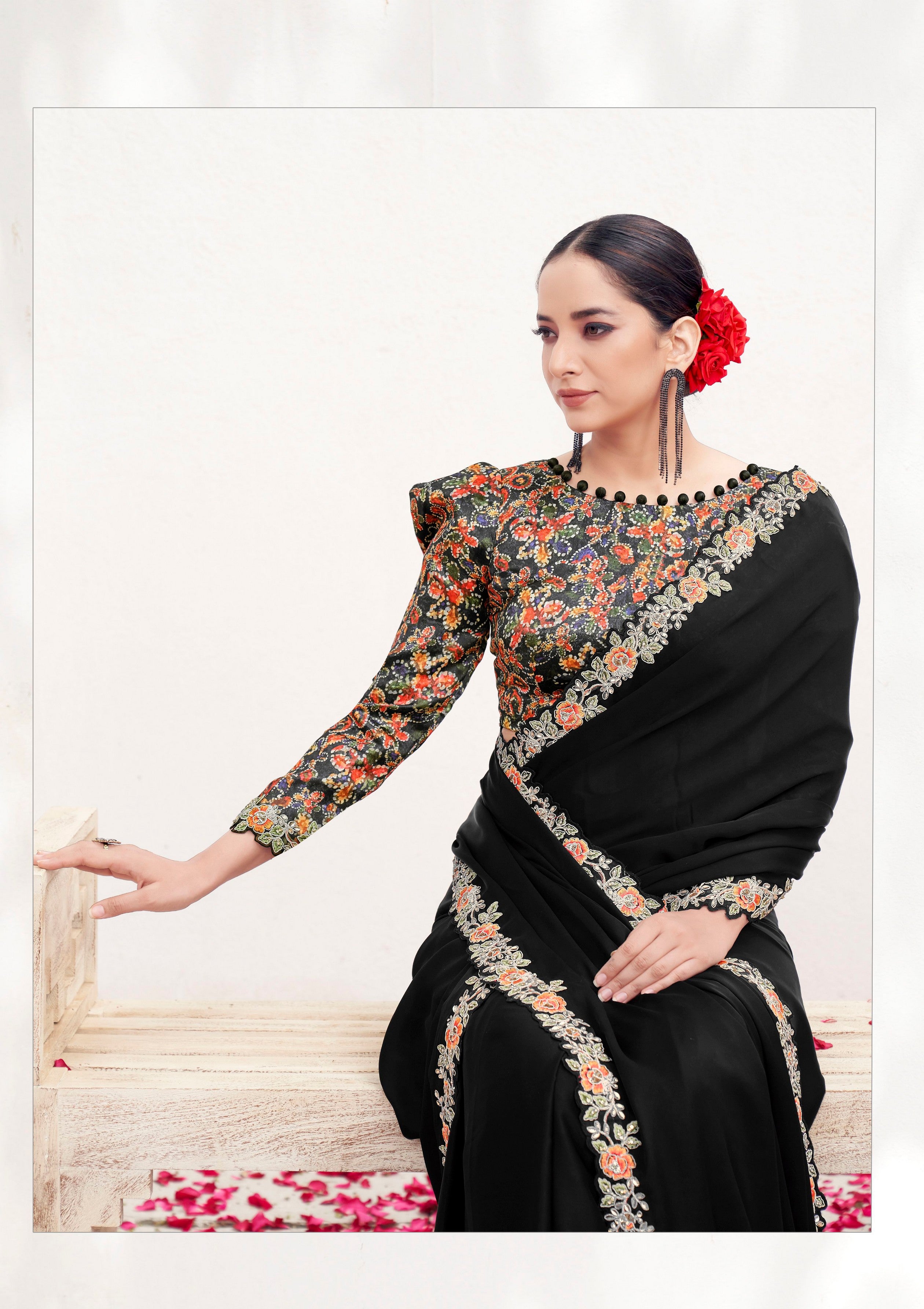 Black Crepe Satin Silk Heavy Embroidery Work Wedding Wear Saree
