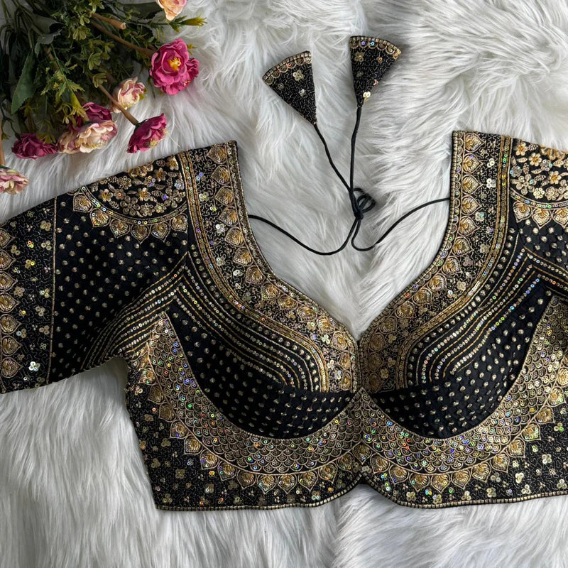 Black Designer Bridal Blouse with Heavy Stars, Rainbow & Sequins Work Roman Silk