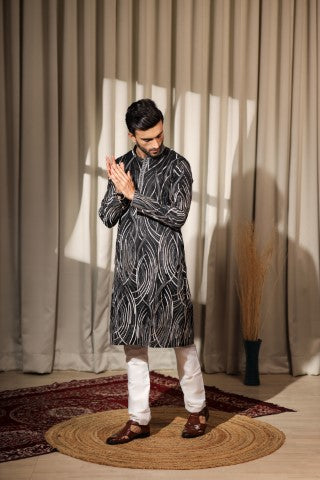 Black Designer Embroidered Viscose Stylish Kurta Pajama
