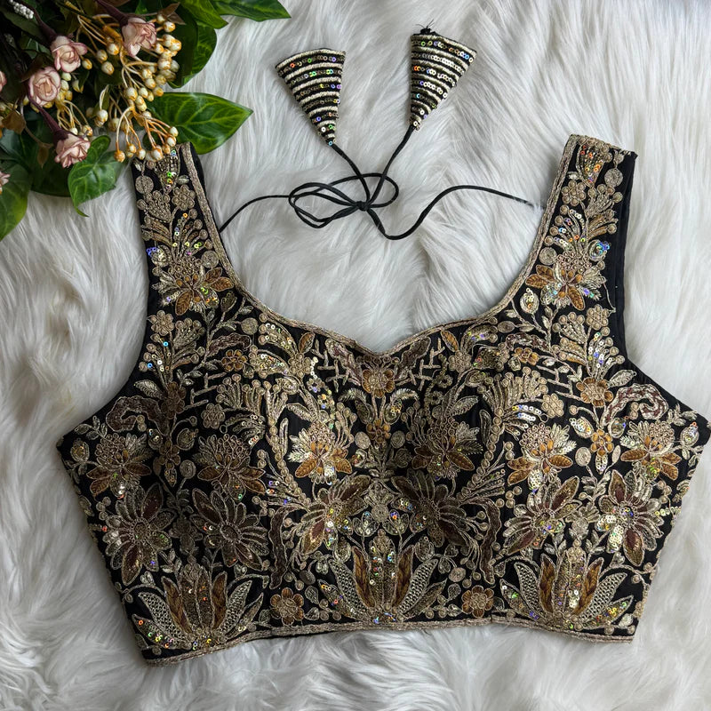 Black Designer Roman Silk Bridal Blouse with Heavy Stars & Rainbow Work