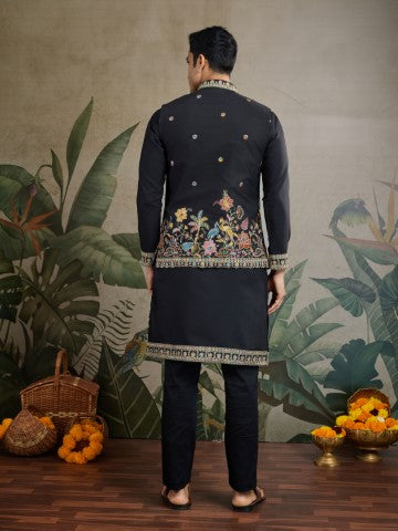Black Embroidered Kurta with Jacket for Ceremonial Look