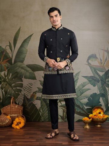 Black Embroidered Kurta with Jacket for Ceremonial Look