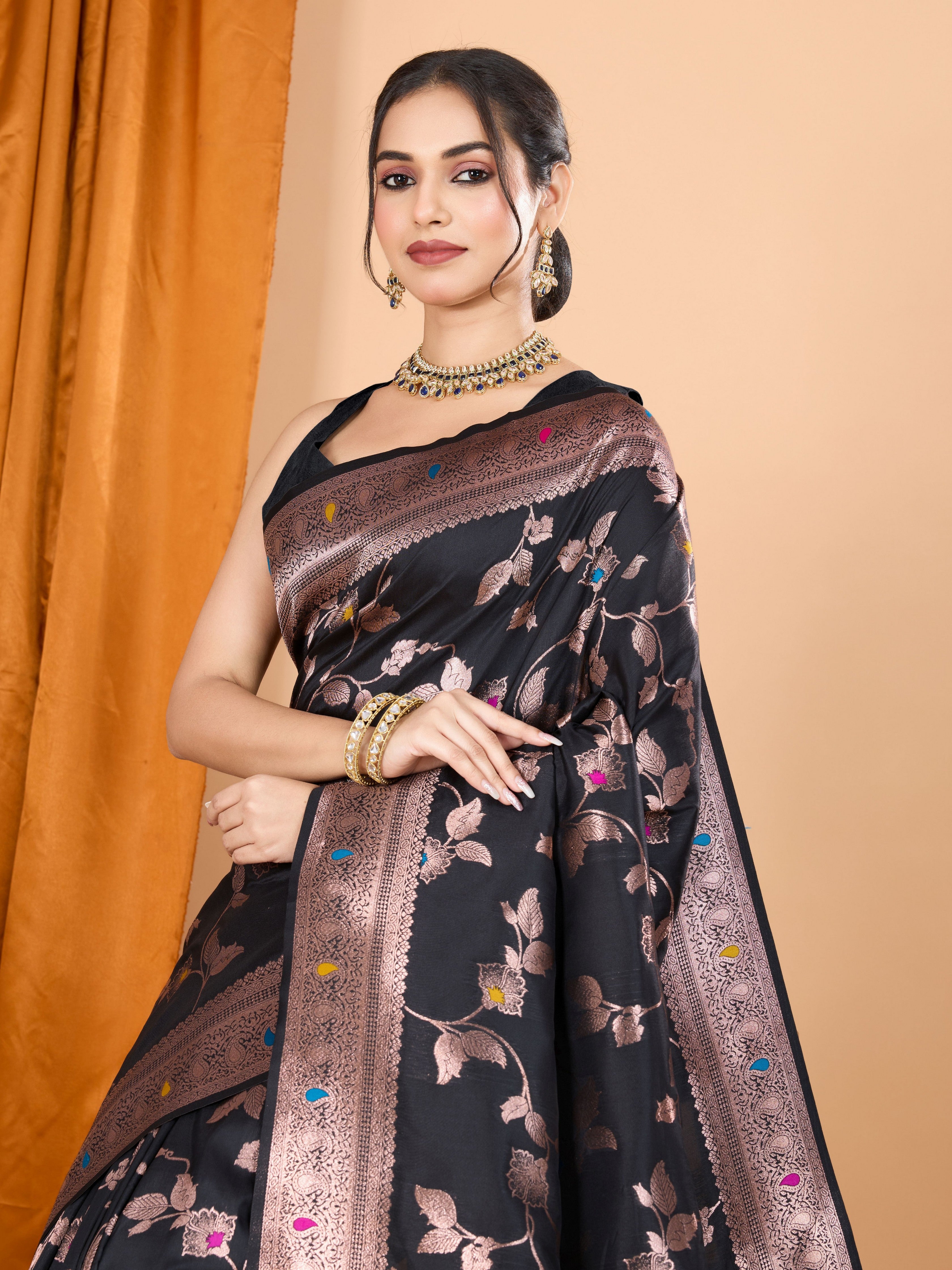 Black Ethnic Banarasi Silk Saree With Woven Jari Designer Work