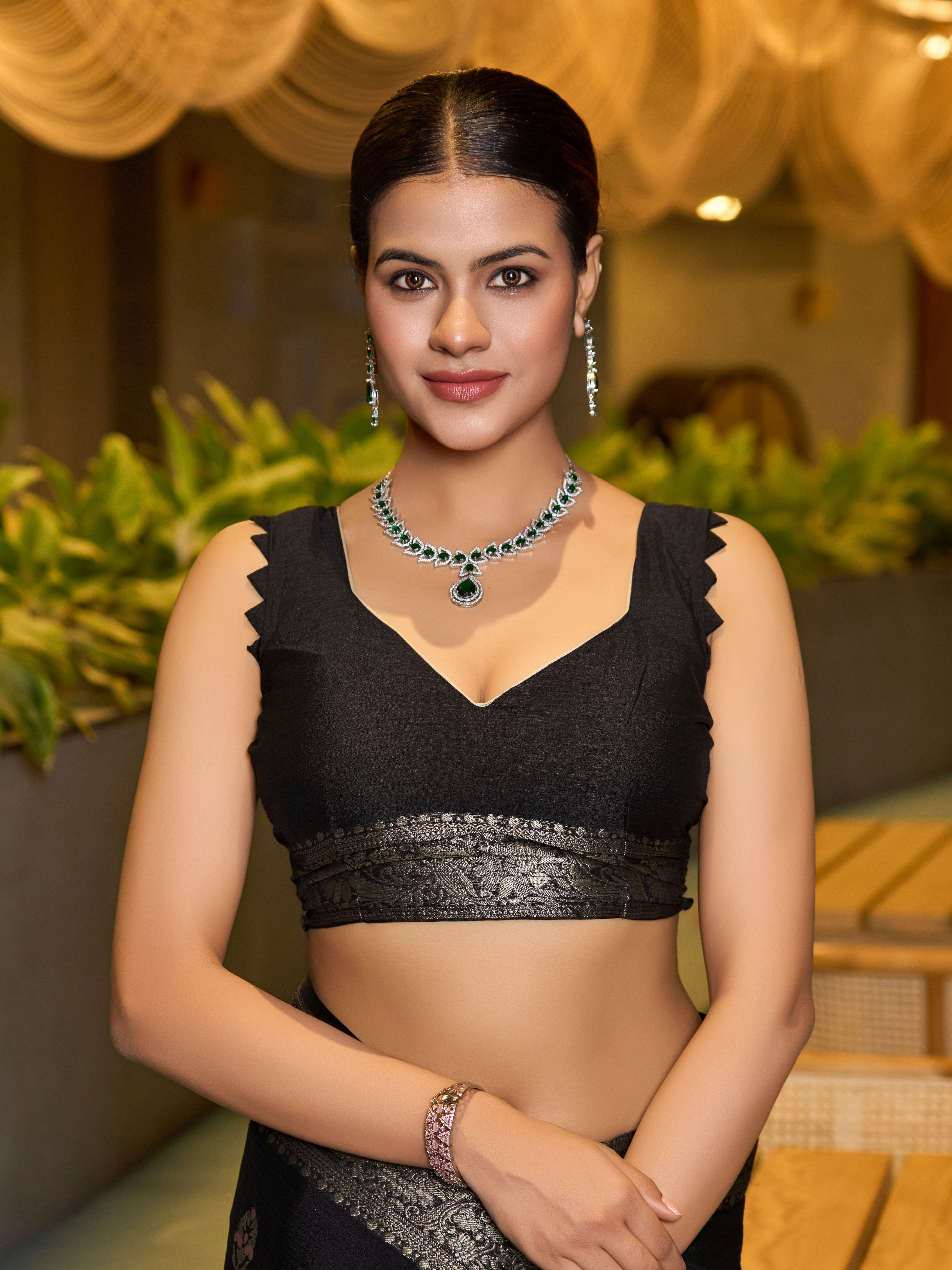 Black Ethnic Chinon Woven Designer Partywear Saree