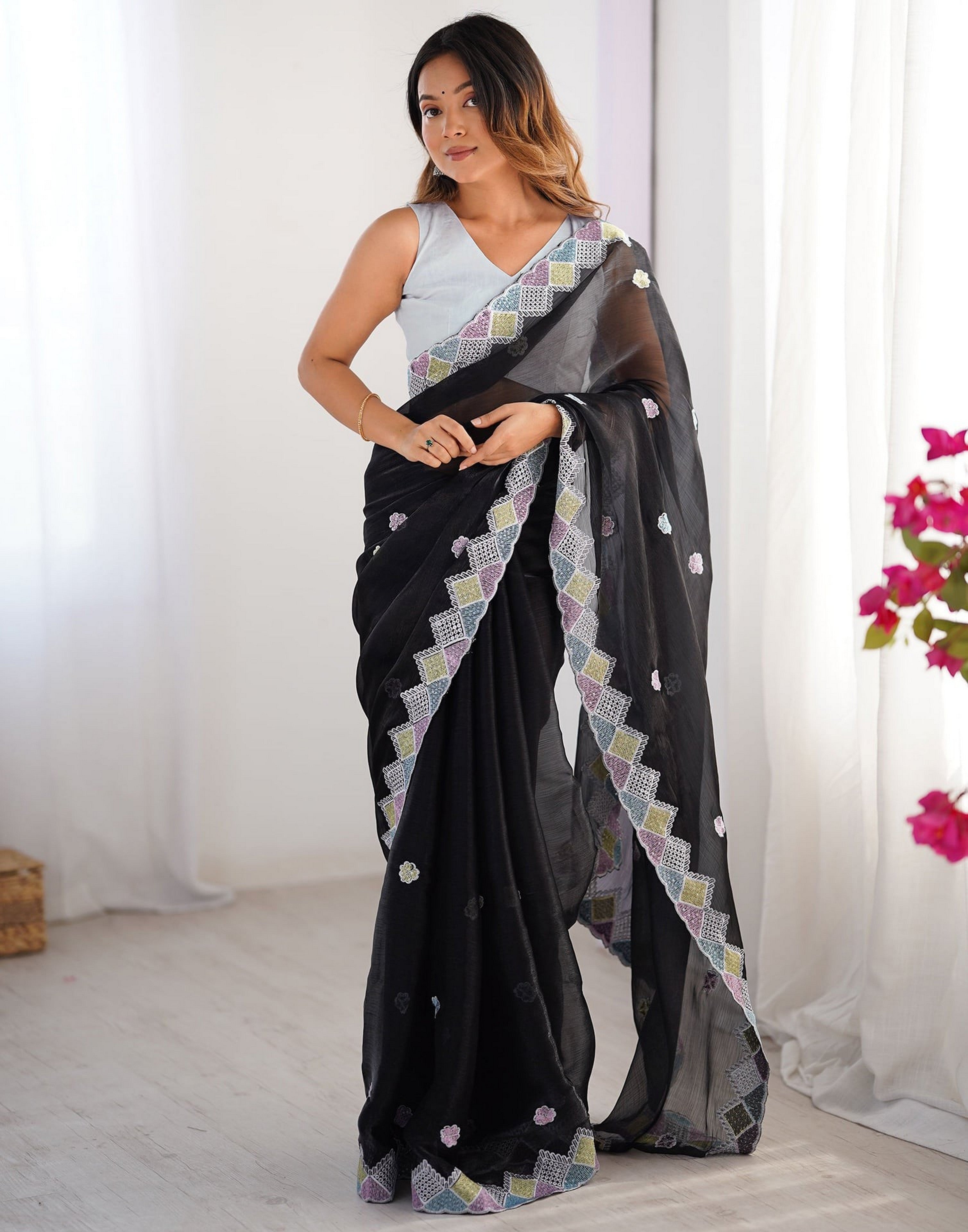 Black Fancy Embroidery Work Jimmy Choo Girlie Bollywood Saree