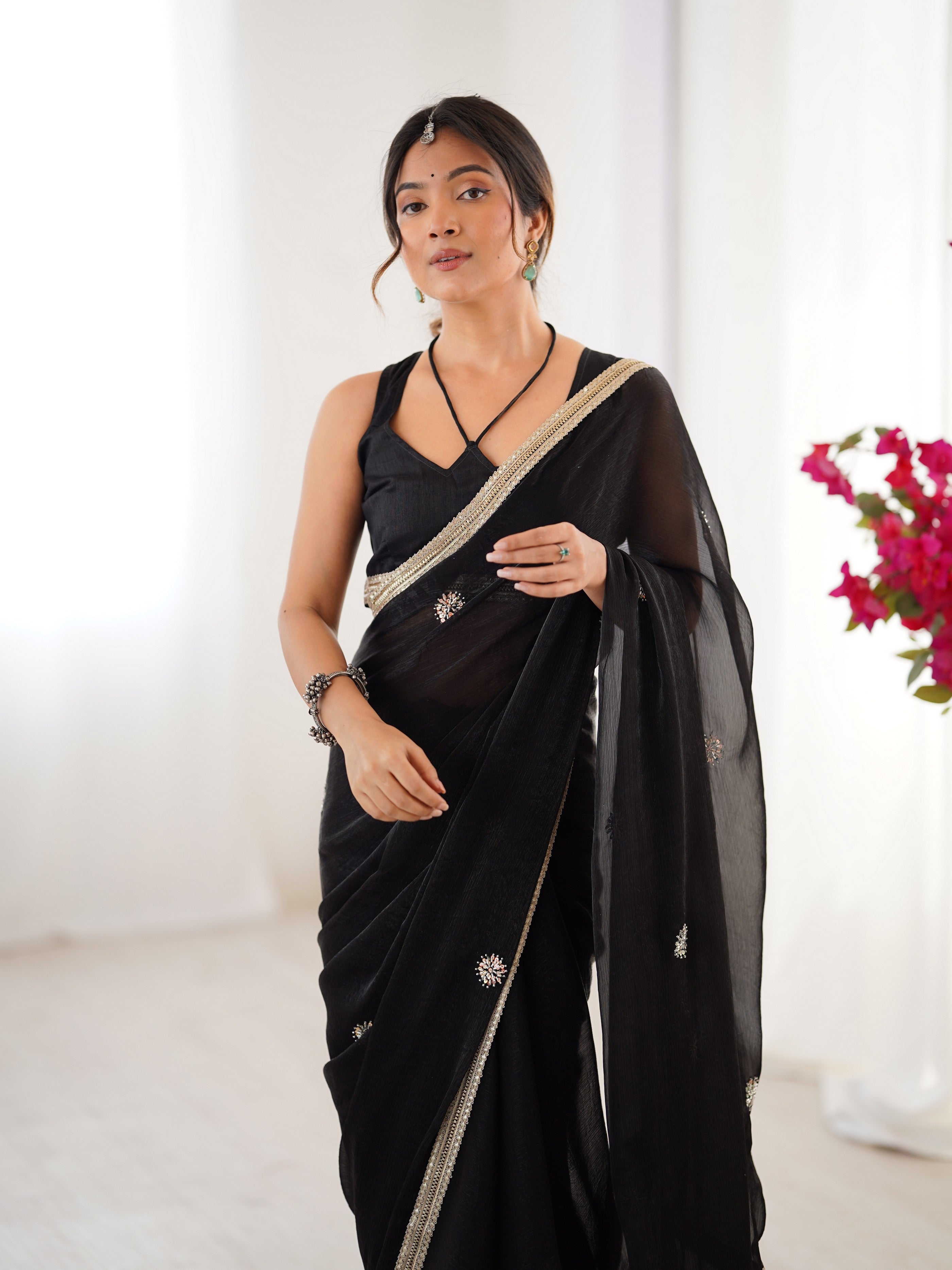 Black Fancy Stylish Partywear Saree For Girlie Ethnic Looks