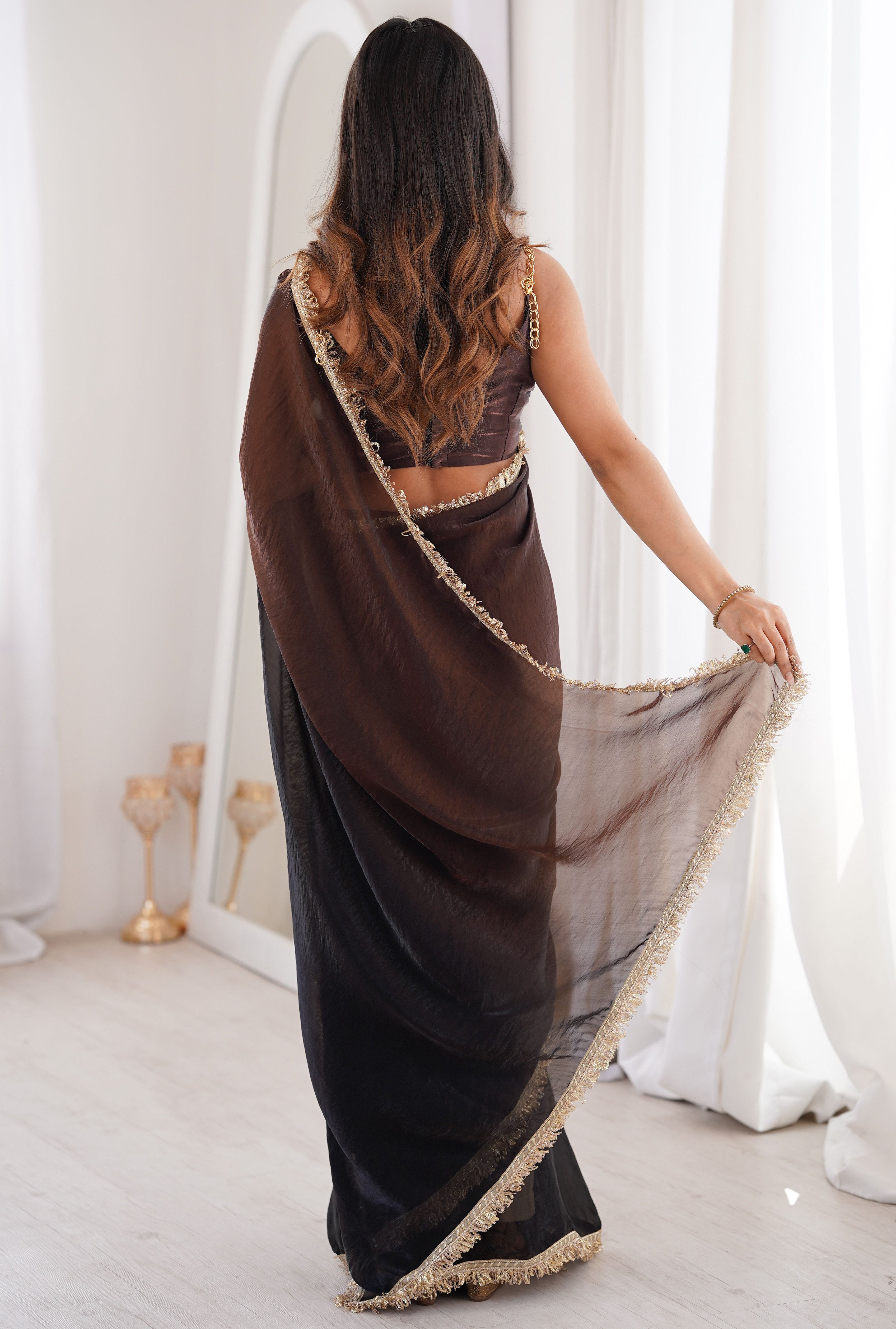 Black Fendi Satin Saree with Double Shaded Sequins Zari Lace Work
