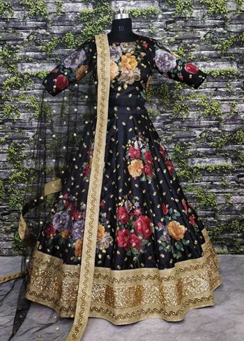 Black Floral Digital Printed Art Silk Bridal Lehenga Choli
