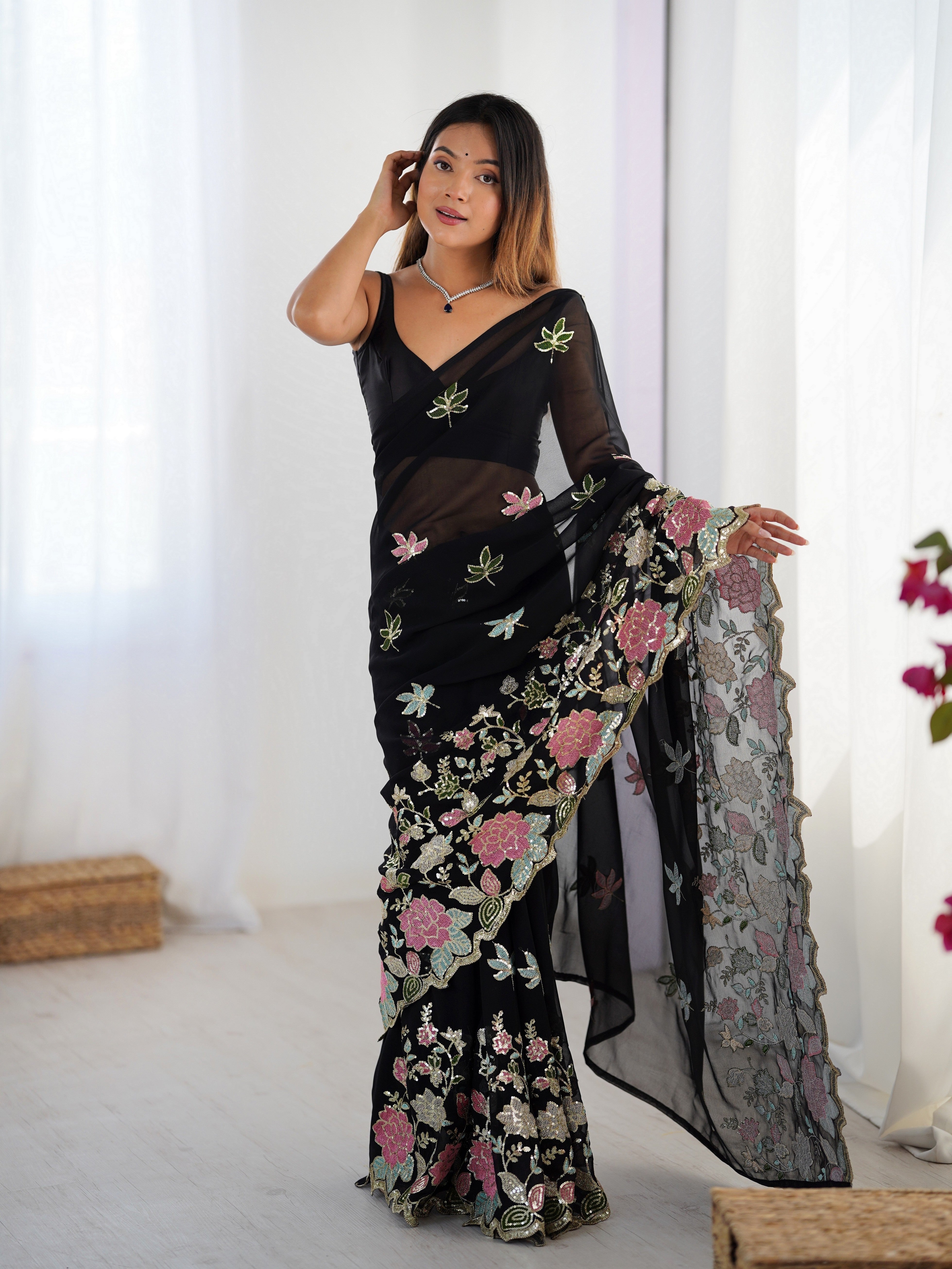 Black Floral Embroidered Sequins Work Partywear Saree