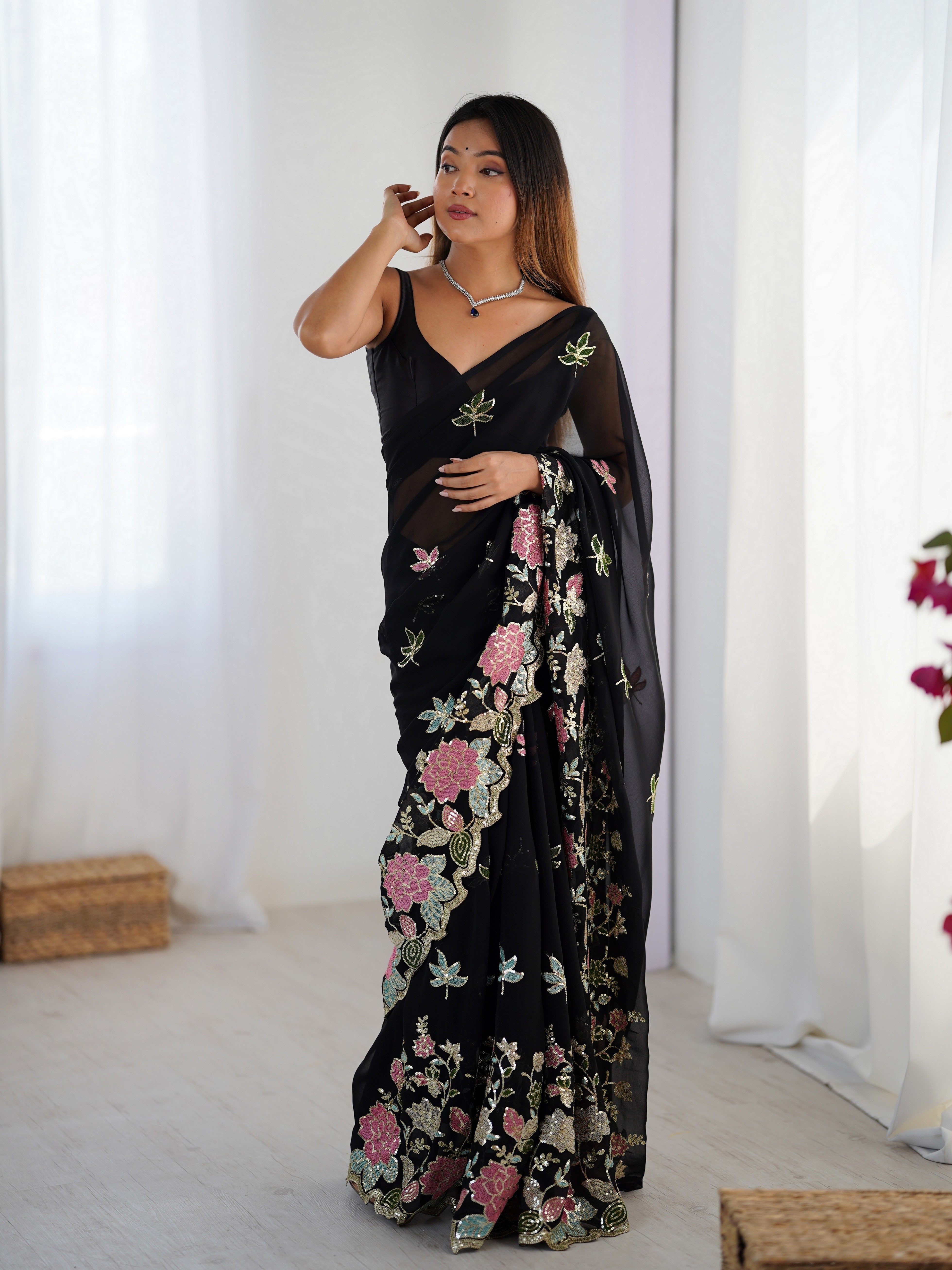 Black Floral Embroidered Sequins Work Partywear Saree