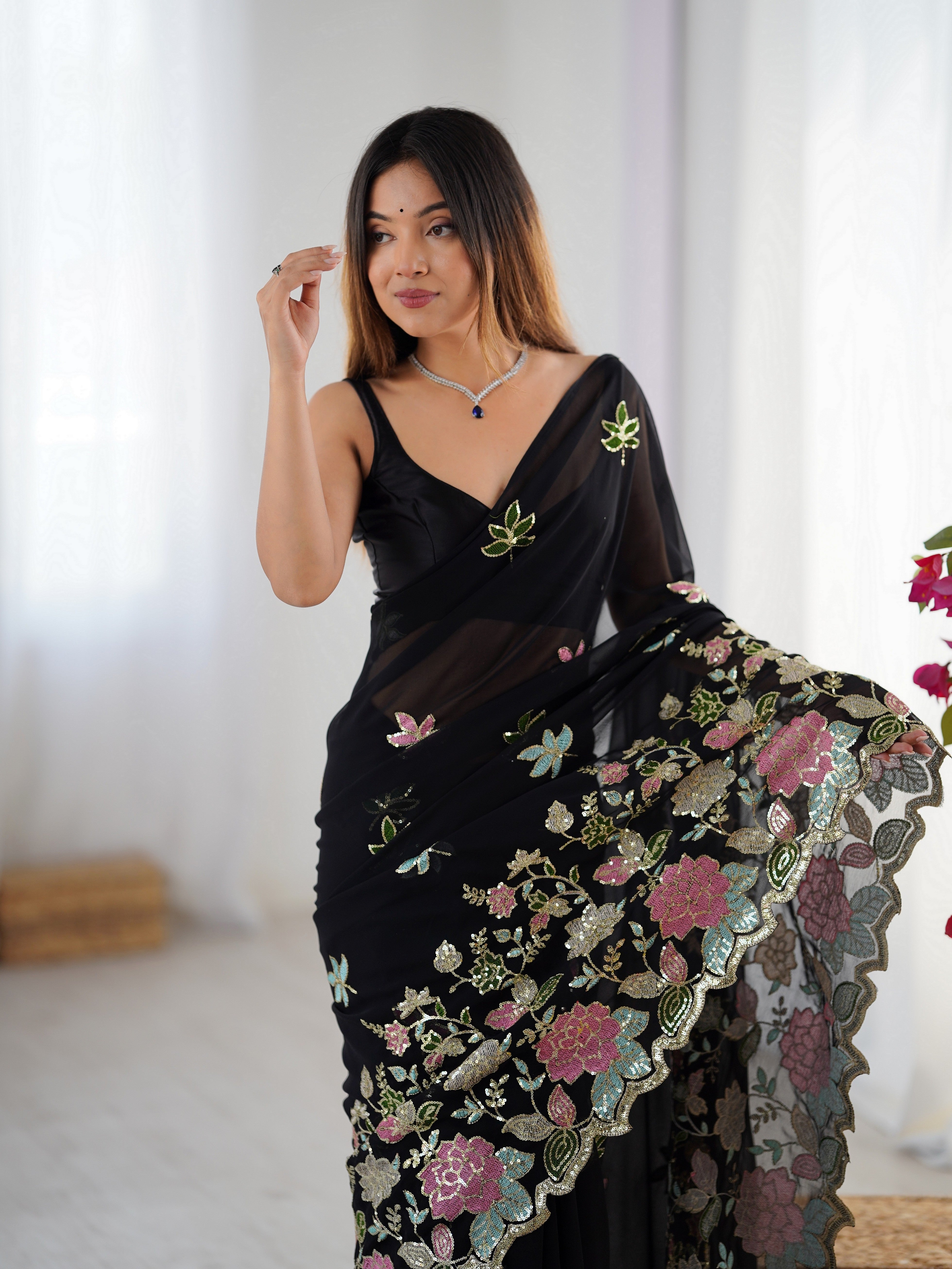 Black Floral Embroidered Sequins Work Partywear Saree