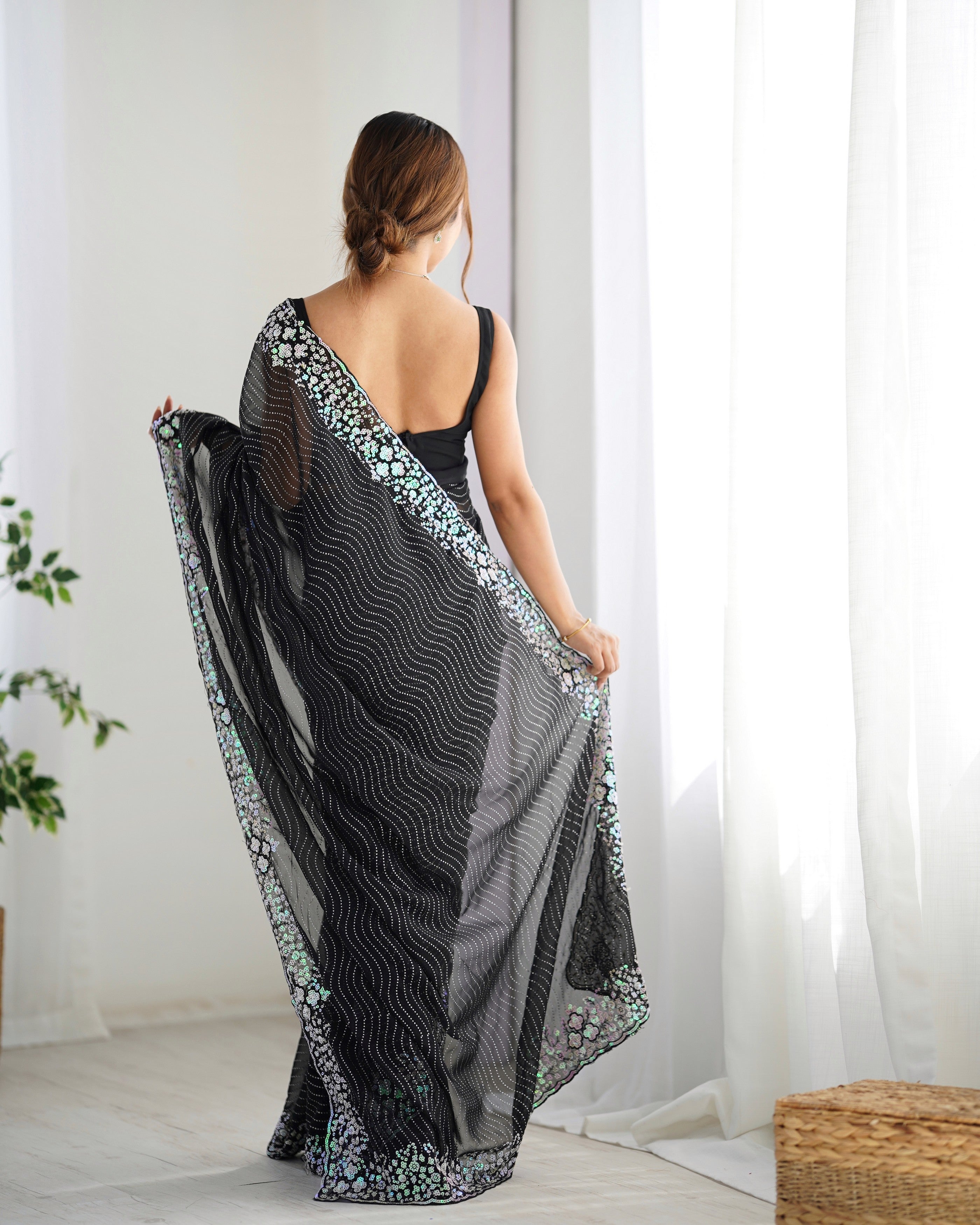 Black Georgette Beautiful Partywear Embroidered Saree
