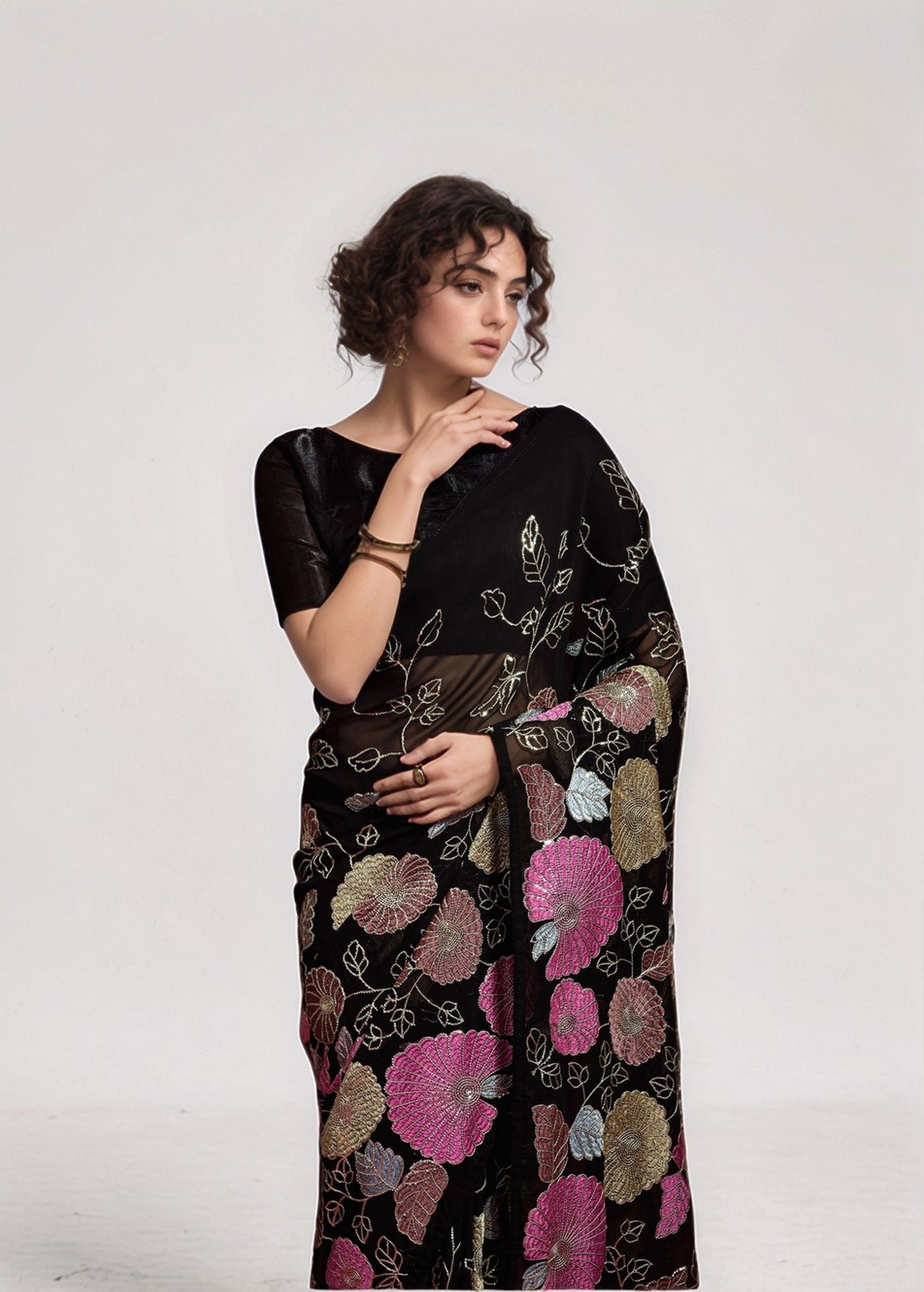 Black Georgette Bollywood Style Sequins Embroidery Work Saree