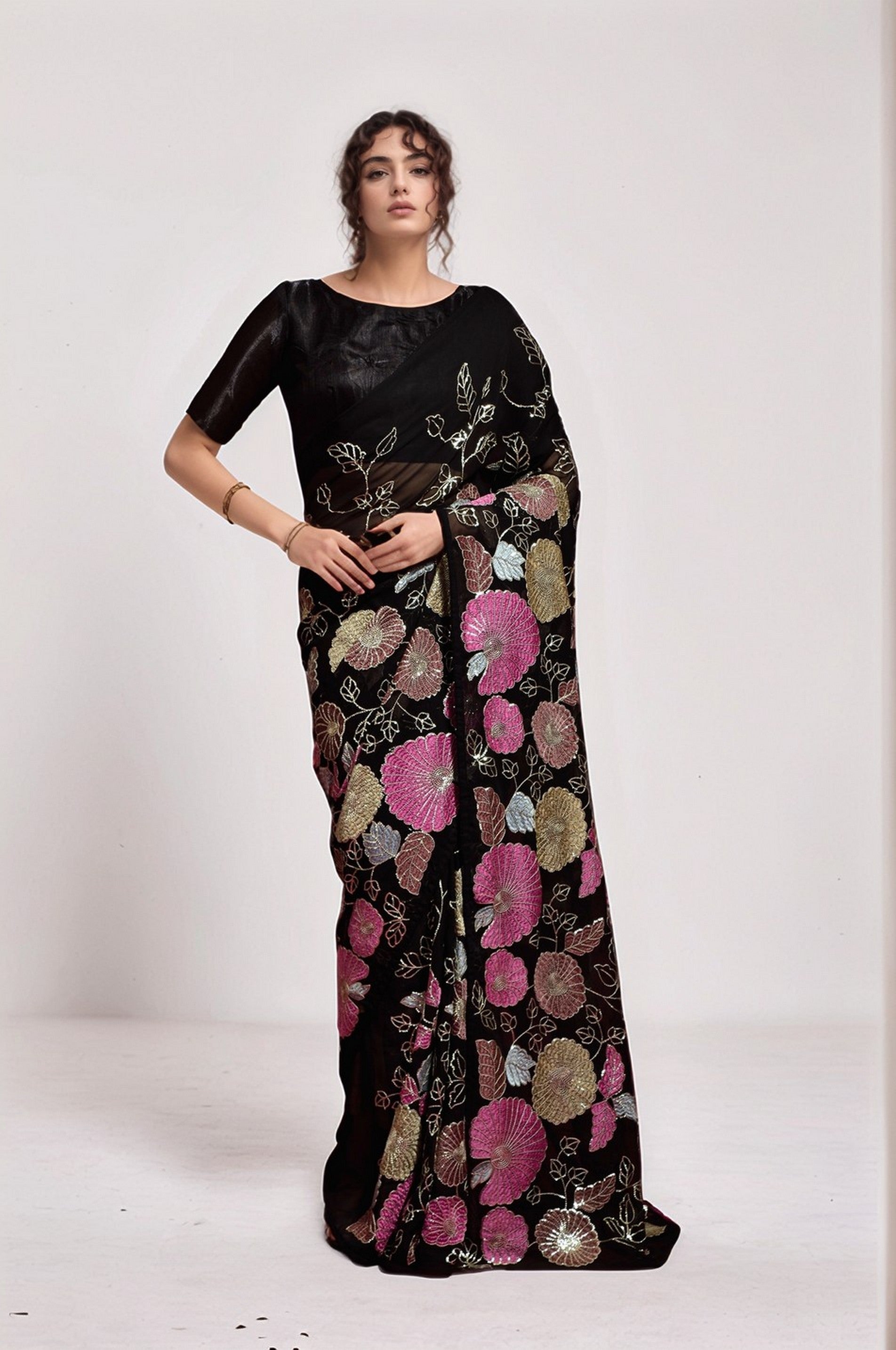 Black Georgette Bollywood Style Sequins Embroidery Work Saree