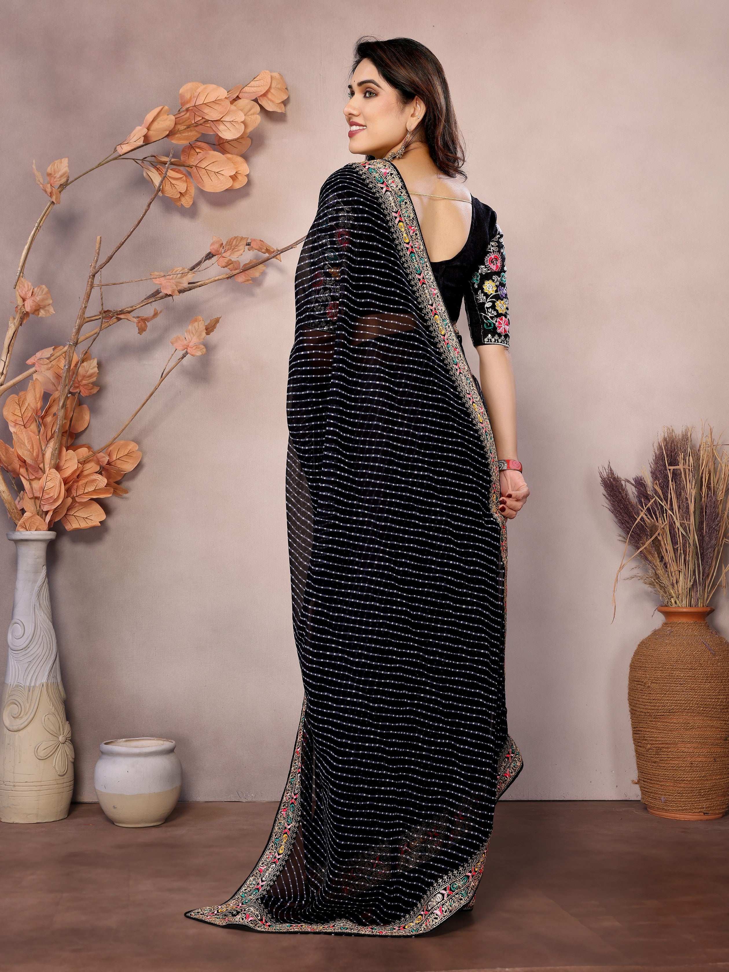 Black Georgette Designer Embroidered Traditional Leheria Saree