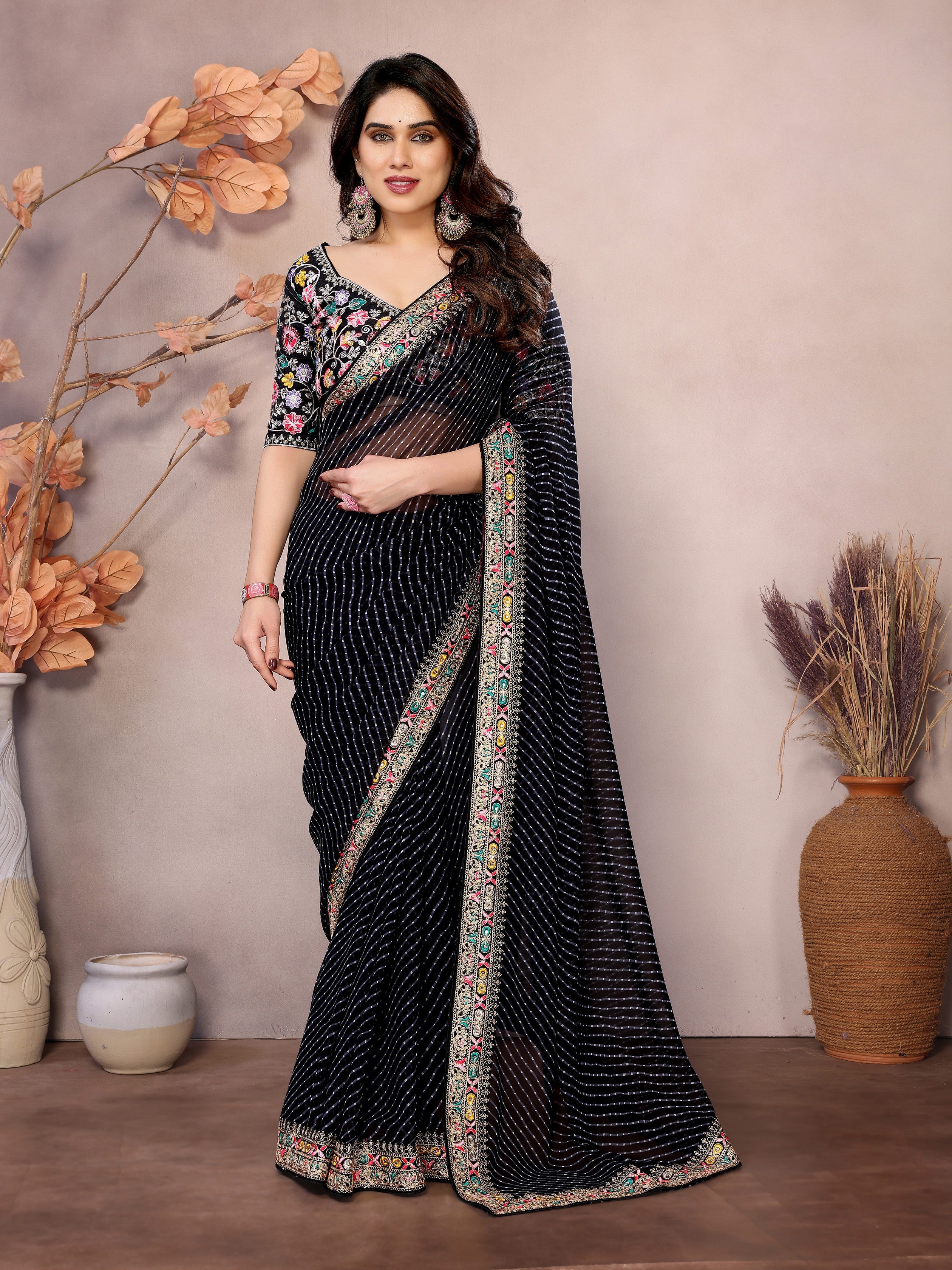 Black Georgette Designer Embroidered Traditional Leheria Saree