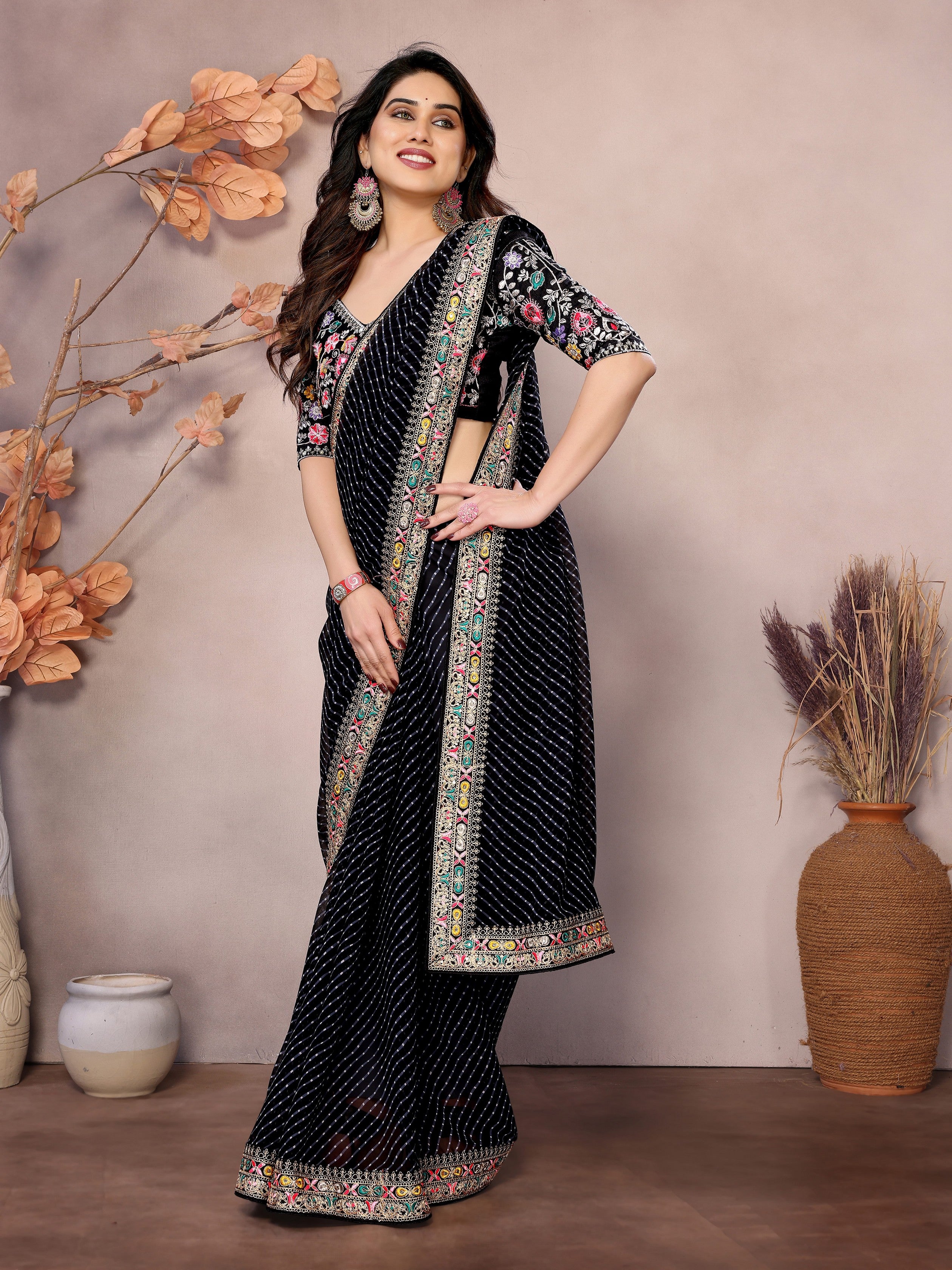 Black Georgette Designer Embroidered Traditional Leheria Saree
