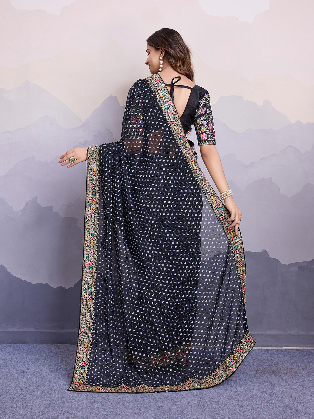 Black Georgette Designer Partywear Bandhej Saree