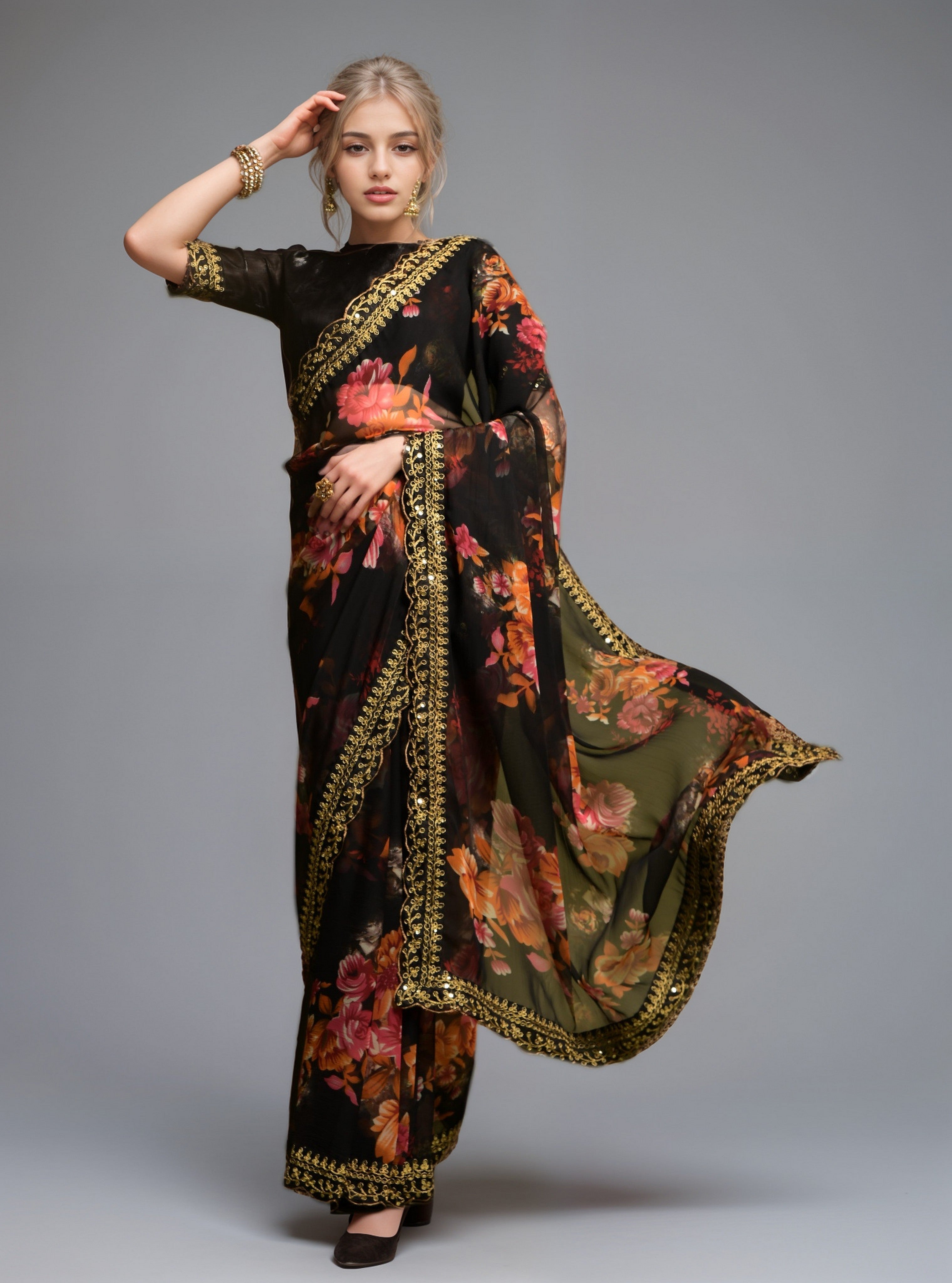 Black Georgette Floral Printed With Embroidered Border Saree