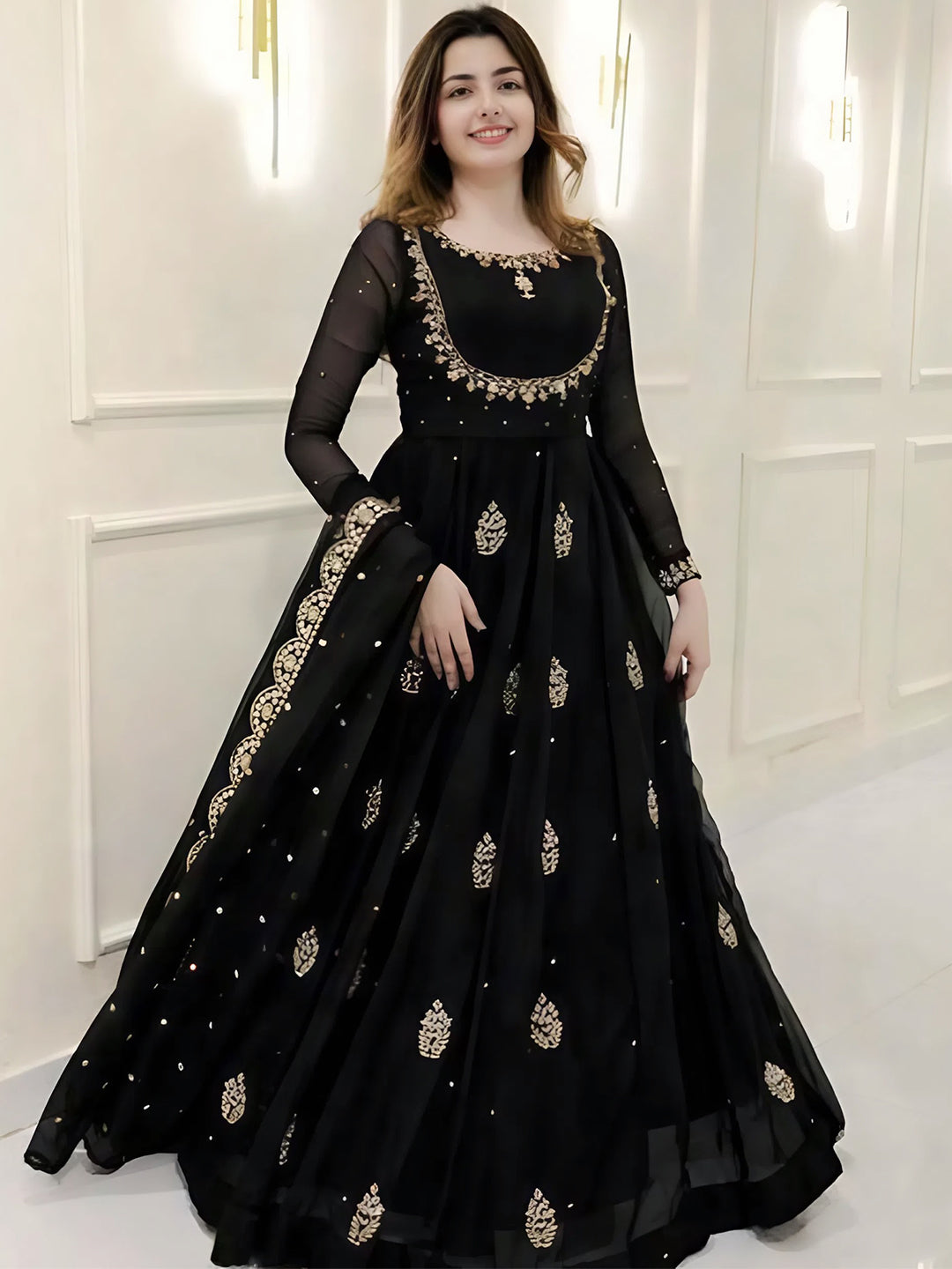 Black Georgette Kurta Pant Set With Heavy Thread Embroidery Sequins Work