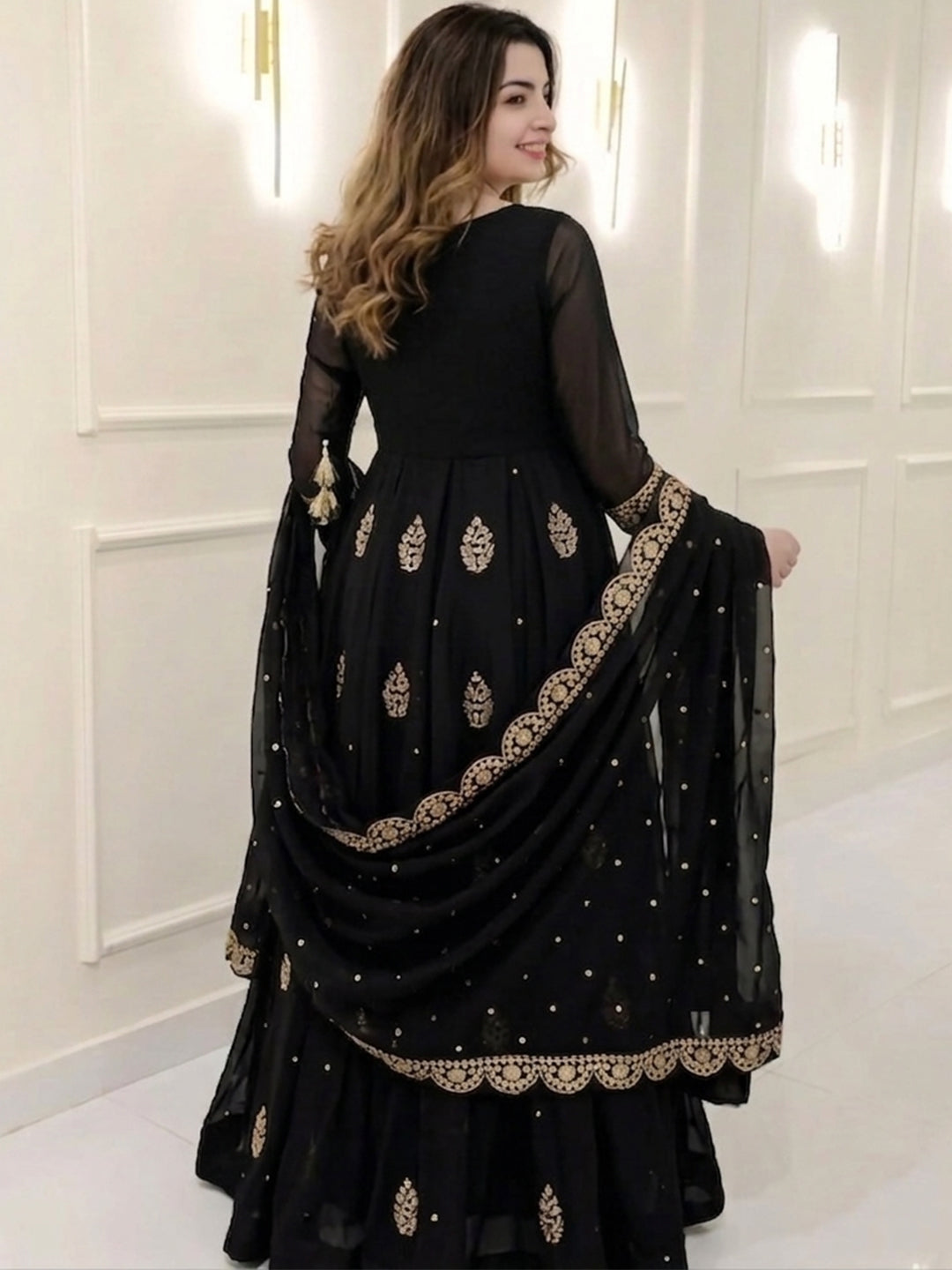 Black Georgette Kurta Pant Set With Heavy Thread Embroidery Sequins Work