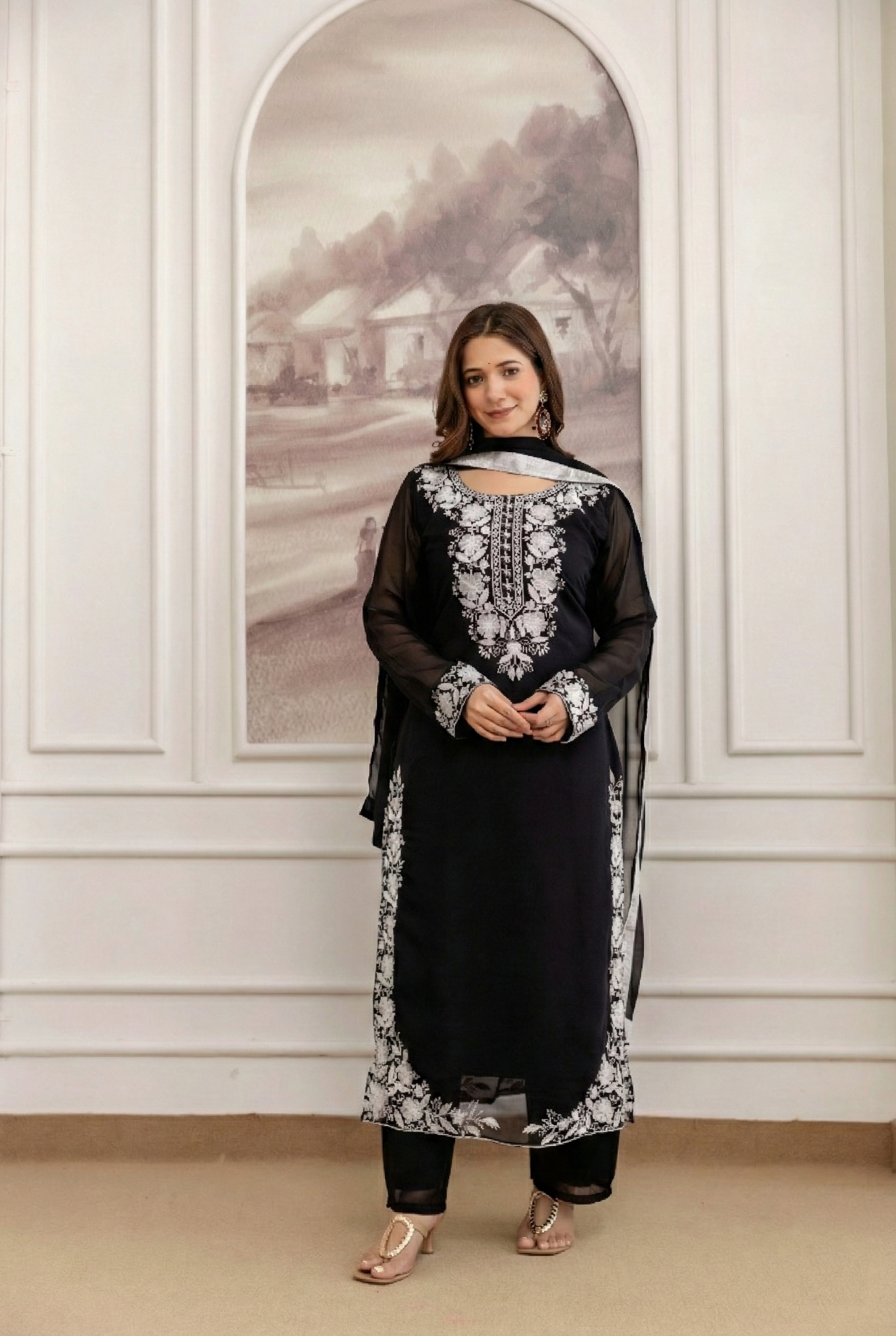 Black Georgette Kurta Pant Set With Heavy Thread Embroidery Work