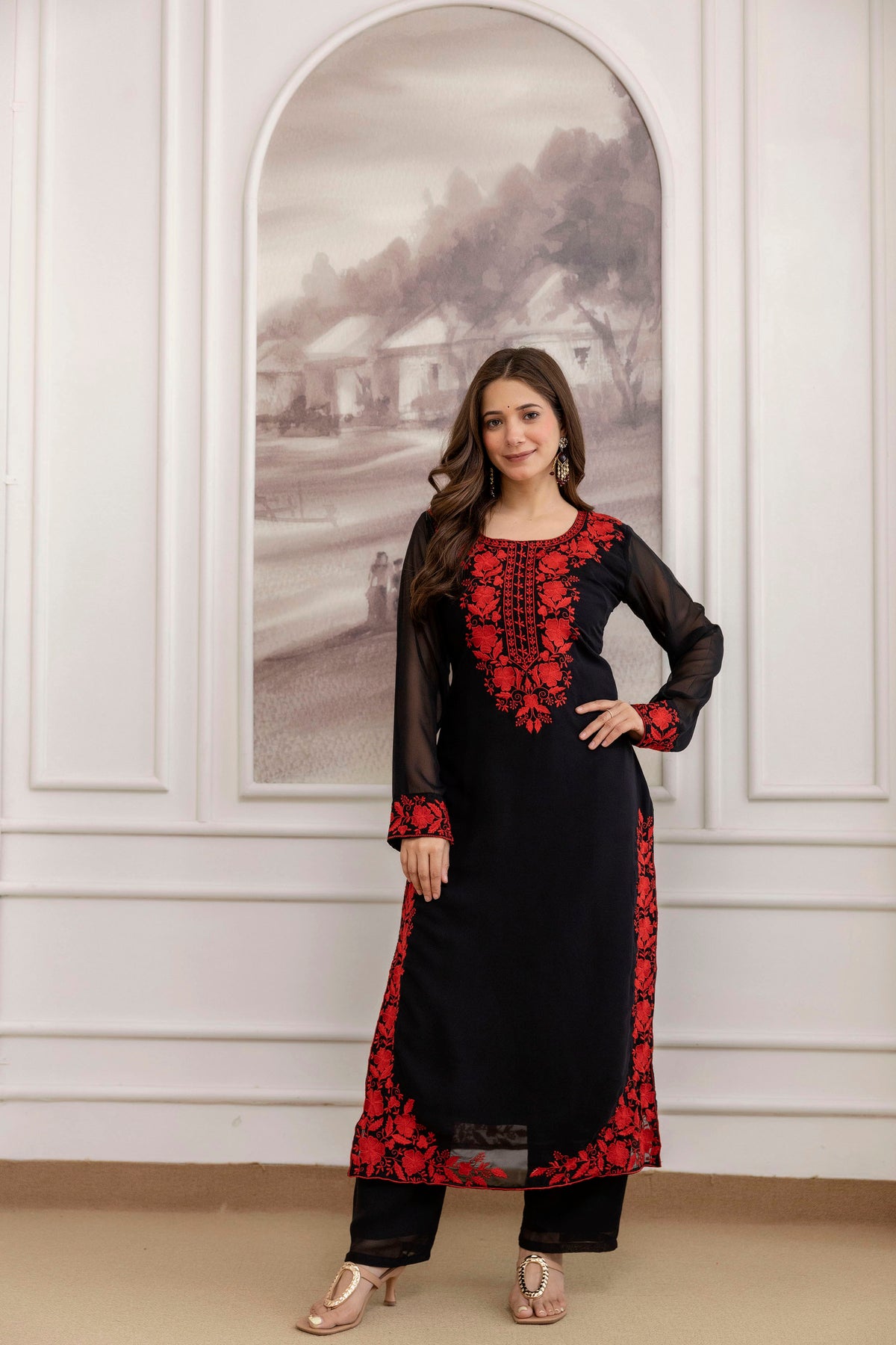 Black Georgette Kurta Pant Set With Heavy Thread Embroidery Work
