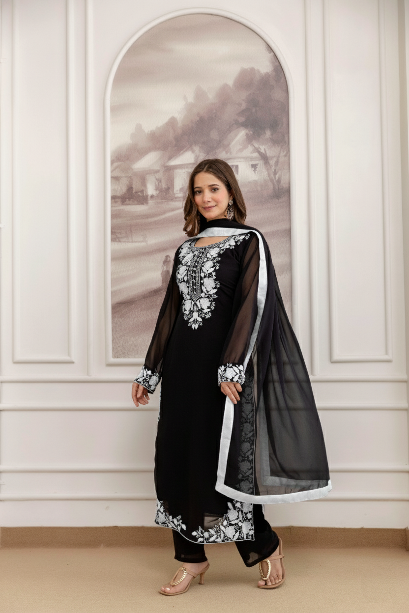 Black Georgette Kurta Pant Set With Heavy Thread Embroidery Work