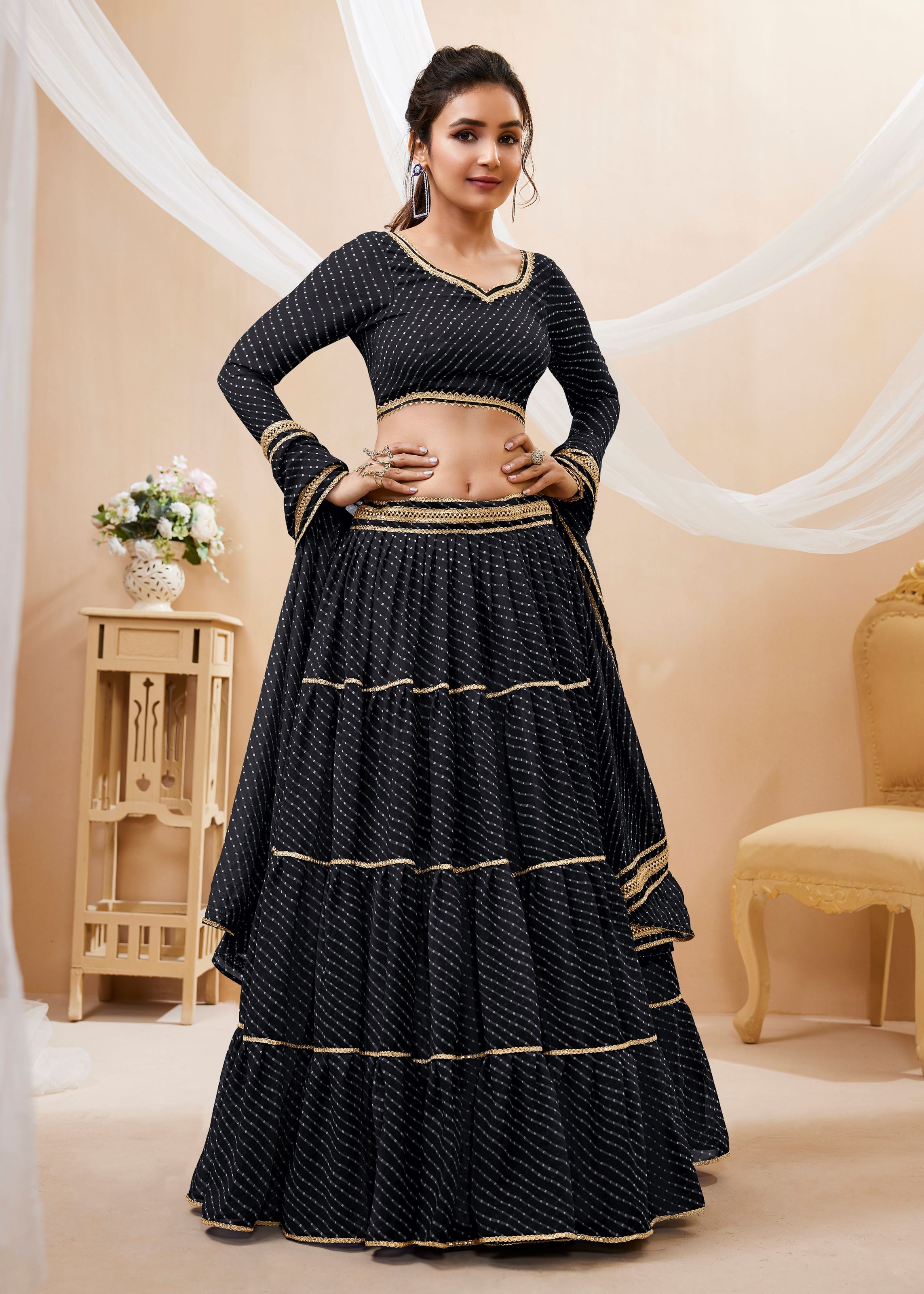 Black Georgette Lehenga Choli With Georgette Leheriya Printed with lace all over work