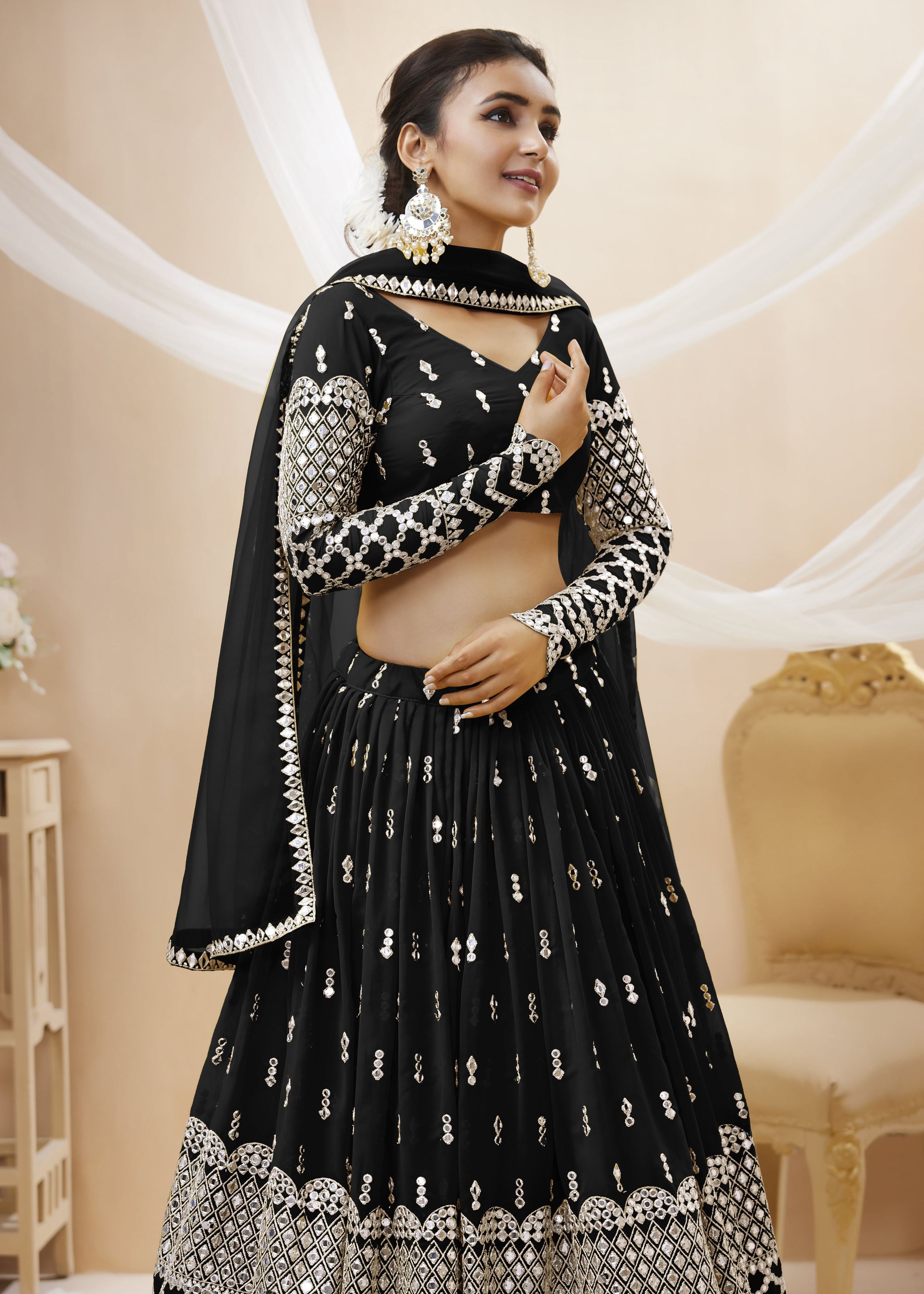 Black Georgette Lehenga Choli With Sequins Zari Embroidered Work