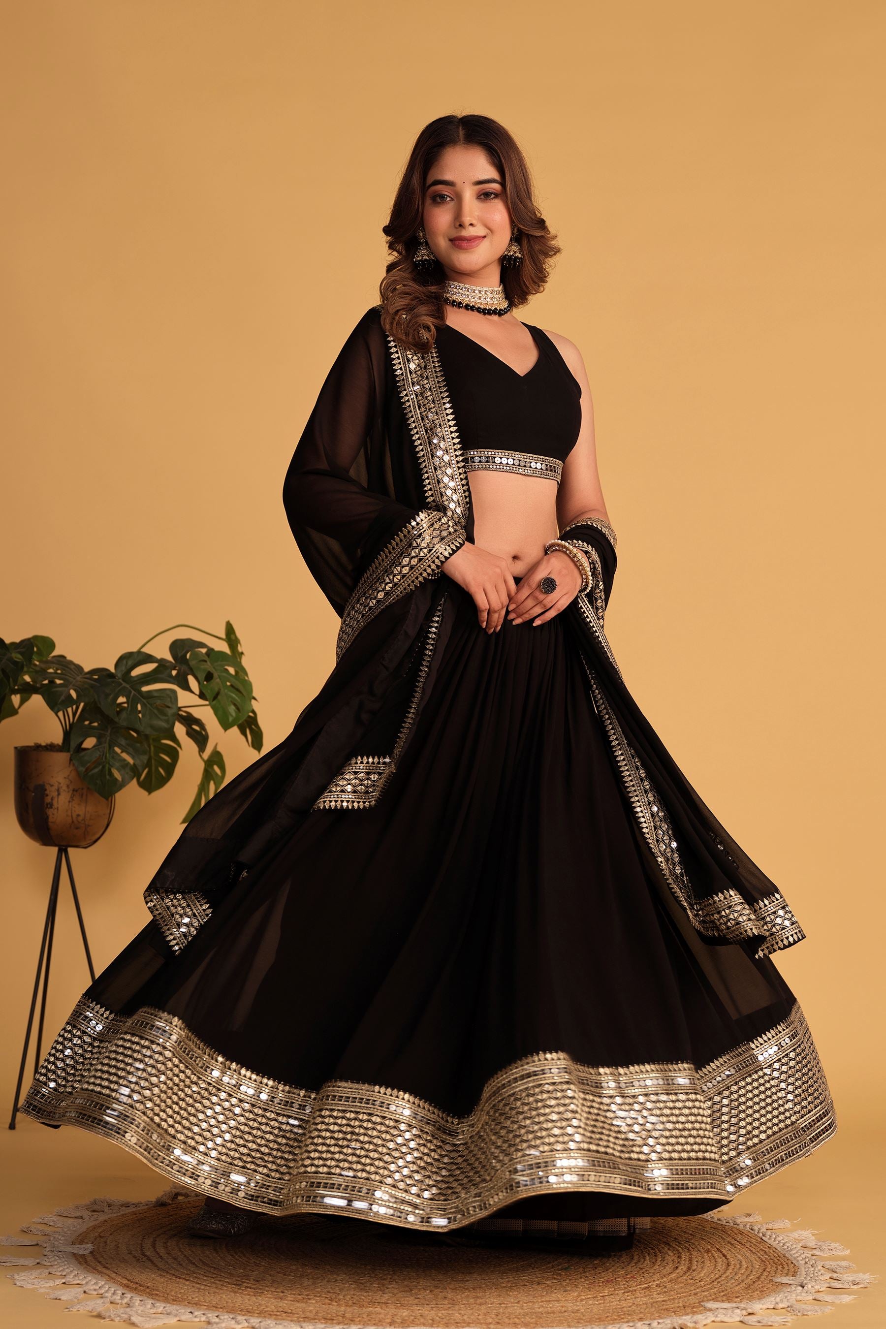 Black Georgette Lehenga Choli With Sequins Zari Embroidered Work