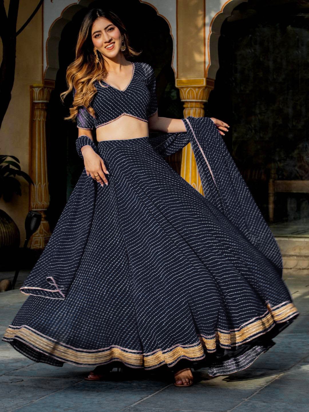 Black Georgette Lehenga Choli With Zari,Cording Lace work and Leheriya Print