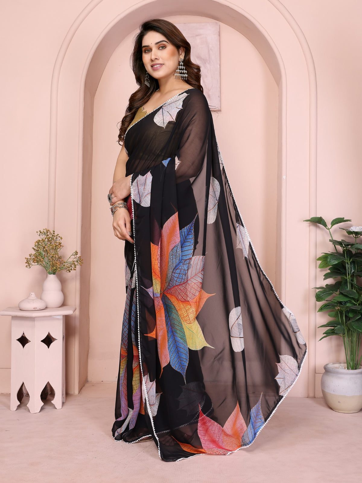 Black Georgette Ready-to-Wear Printed Saree with Lace