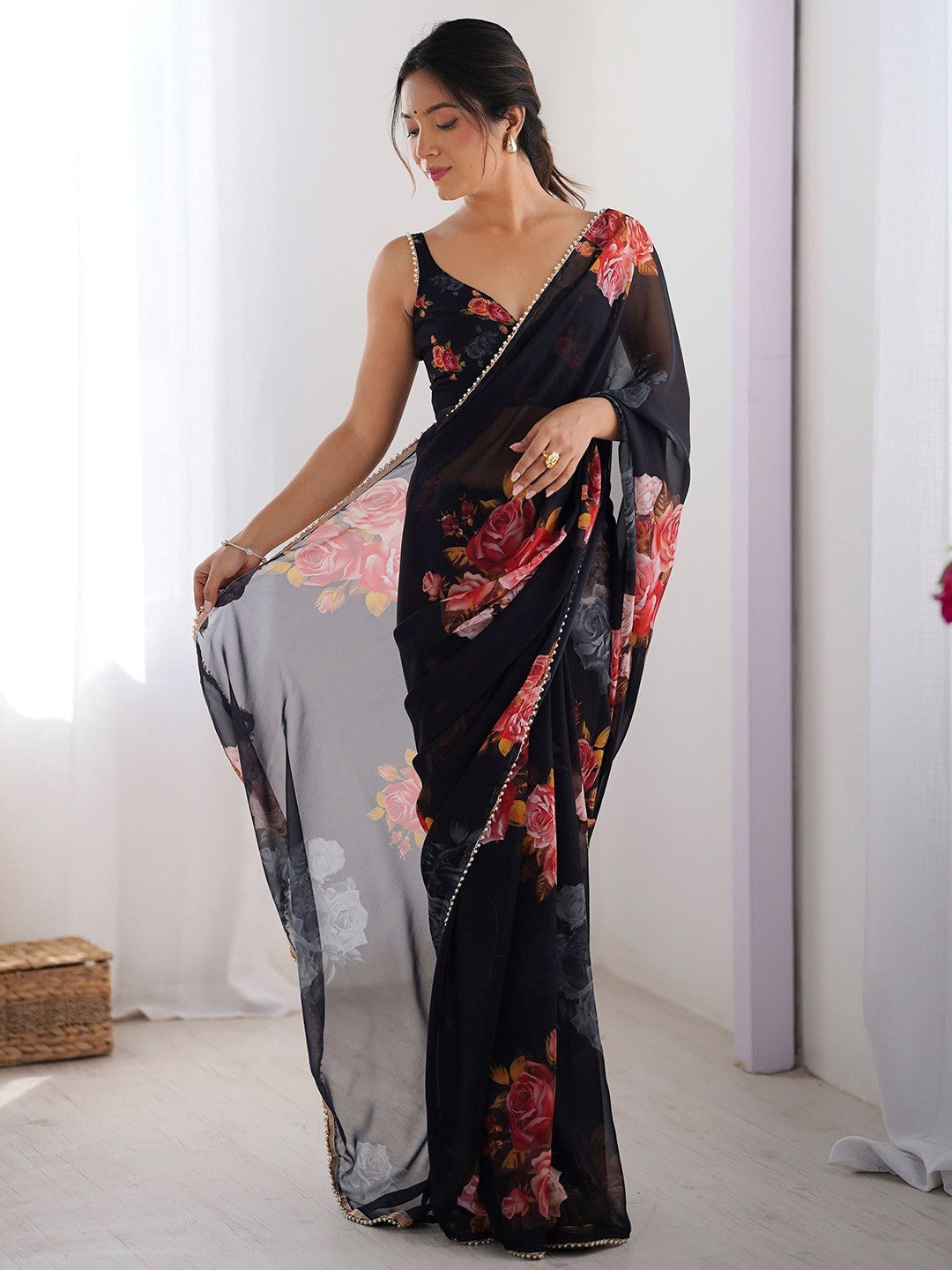 Black Georgette Saree With Digital Print And Moti Lace