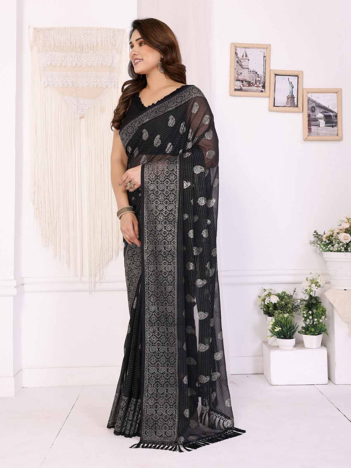 Black Georgette Saree With Foil Work And Designer Lace Border