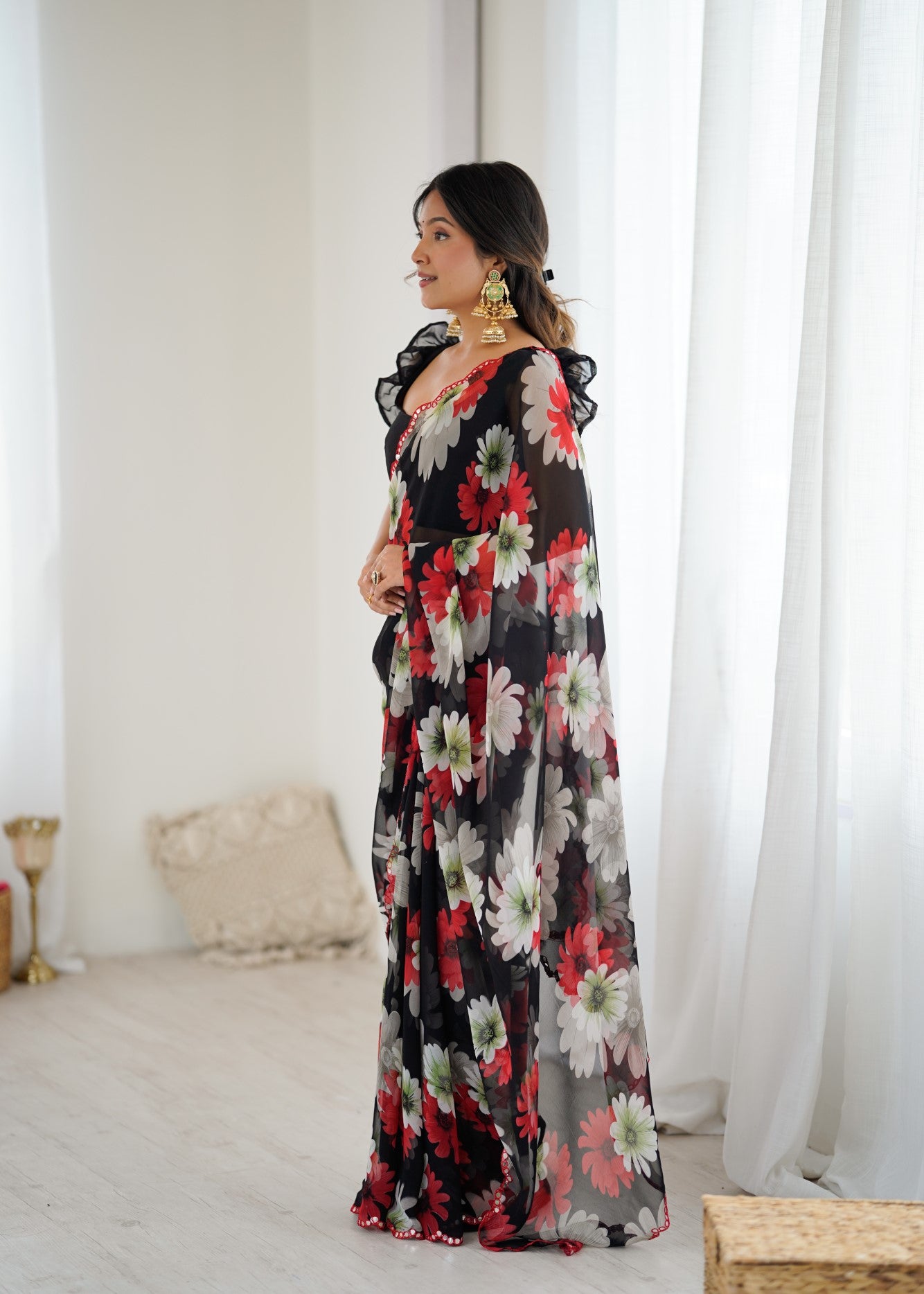 Black Georgette Saree With Printed Design And Mirror Work