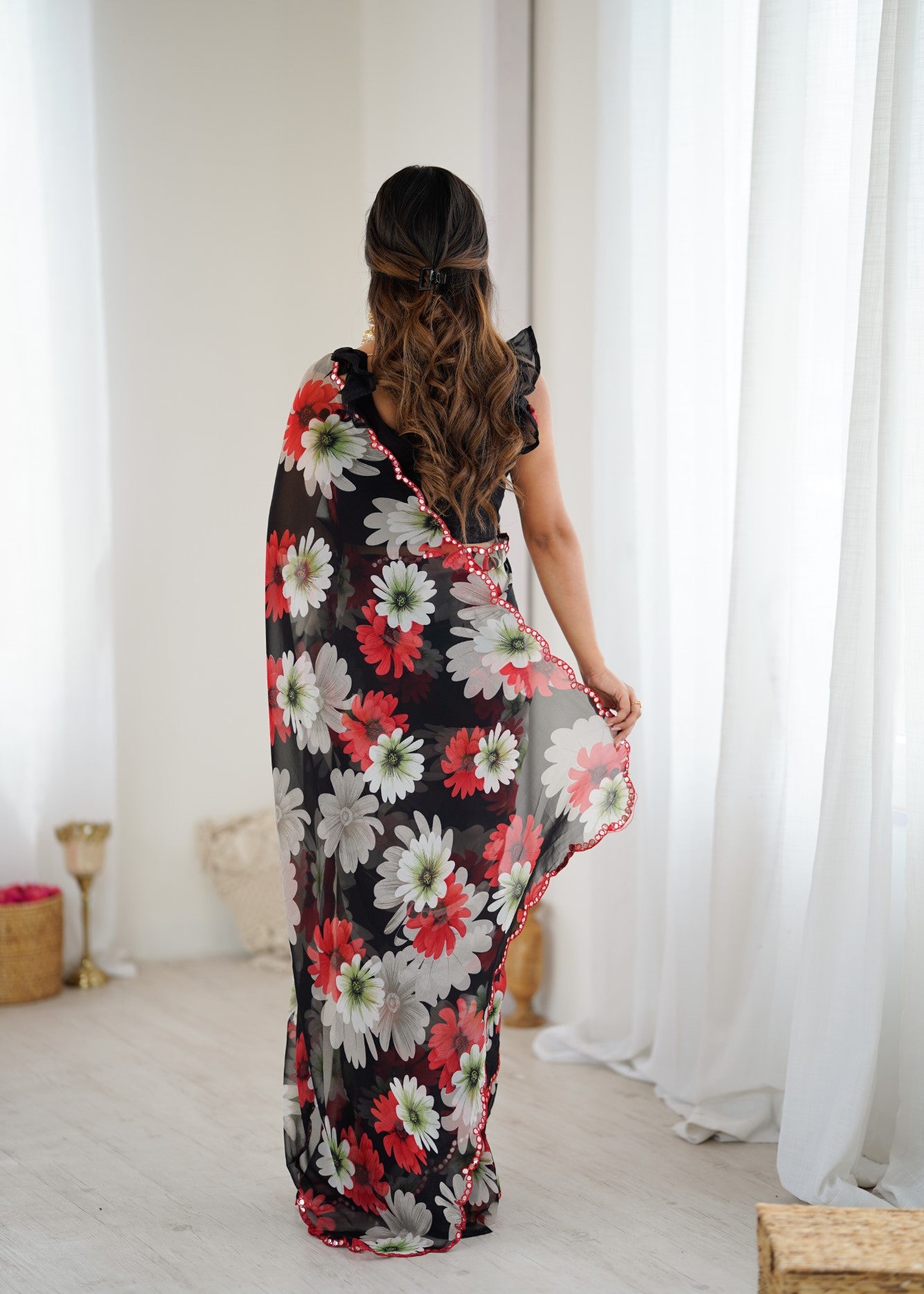 Black Georgette Saree With Printed Design And Mirror Work