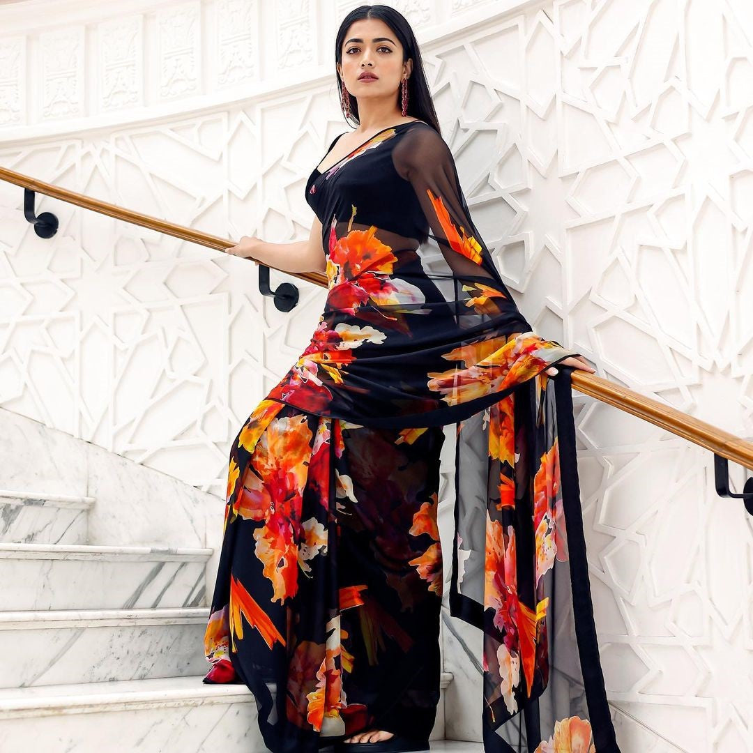 Black Georgette Saree With Printed Saree