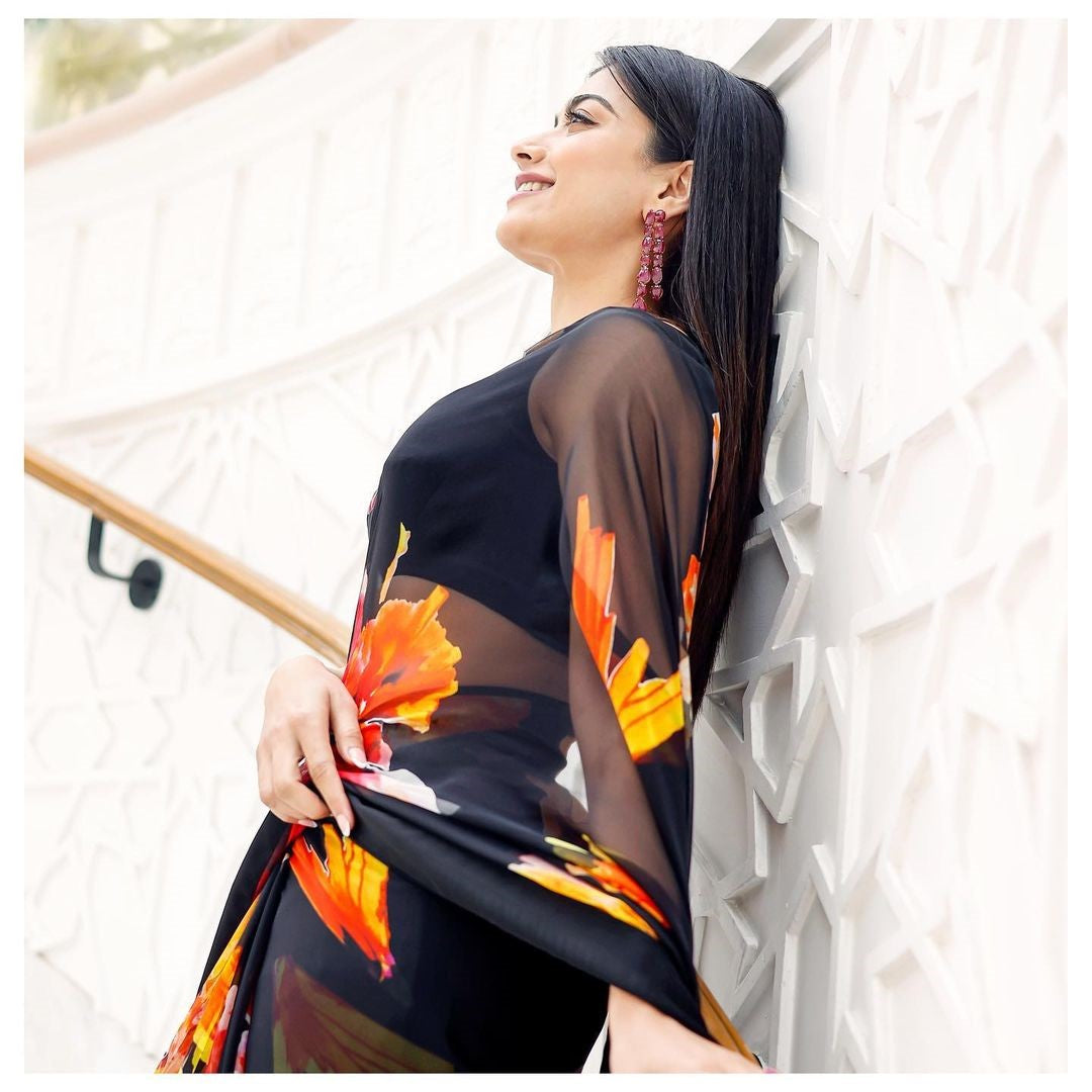 Black Georgette Saree With Printed Saree