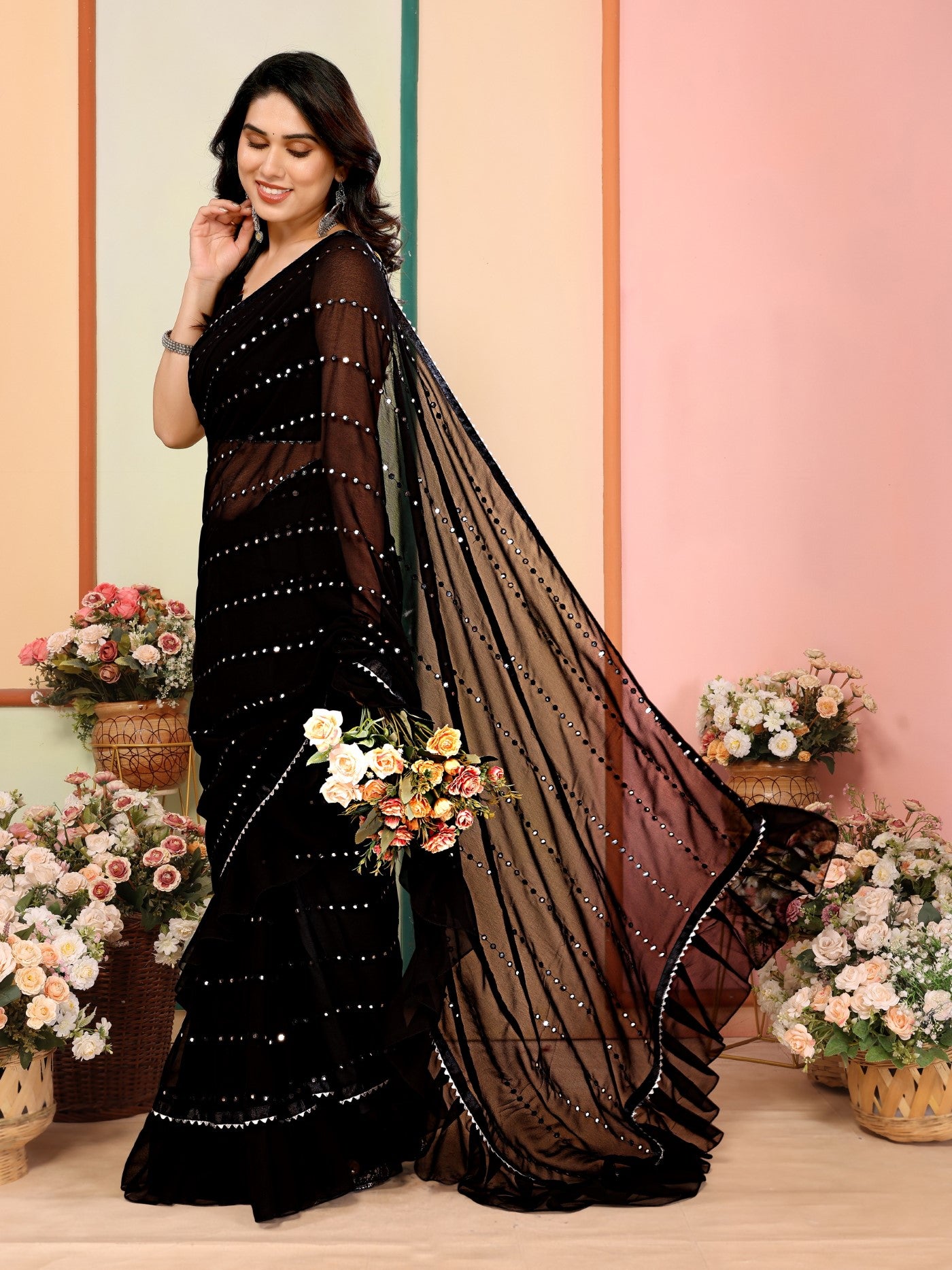 Black Georgette Saree With Ruffle Saree With Mirror Work With Mirror Work Blouse