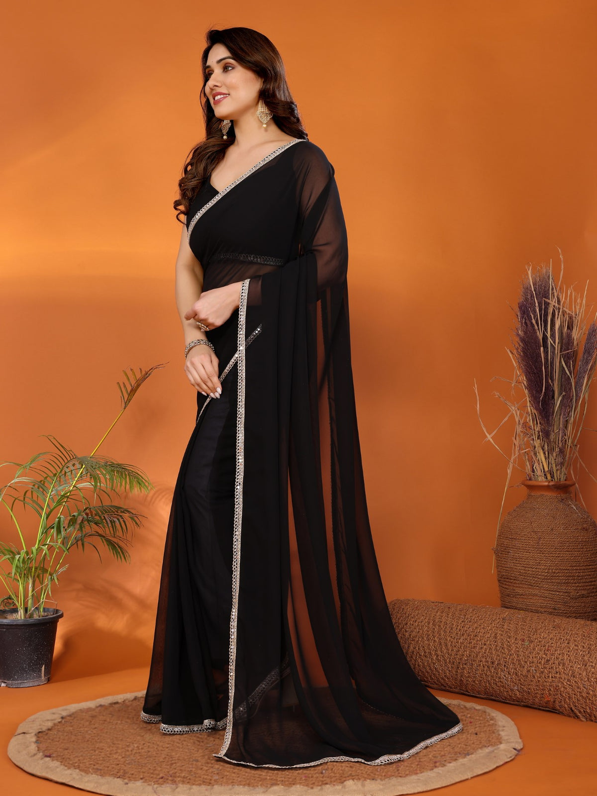 Black Georgette Saree with Mirror Border