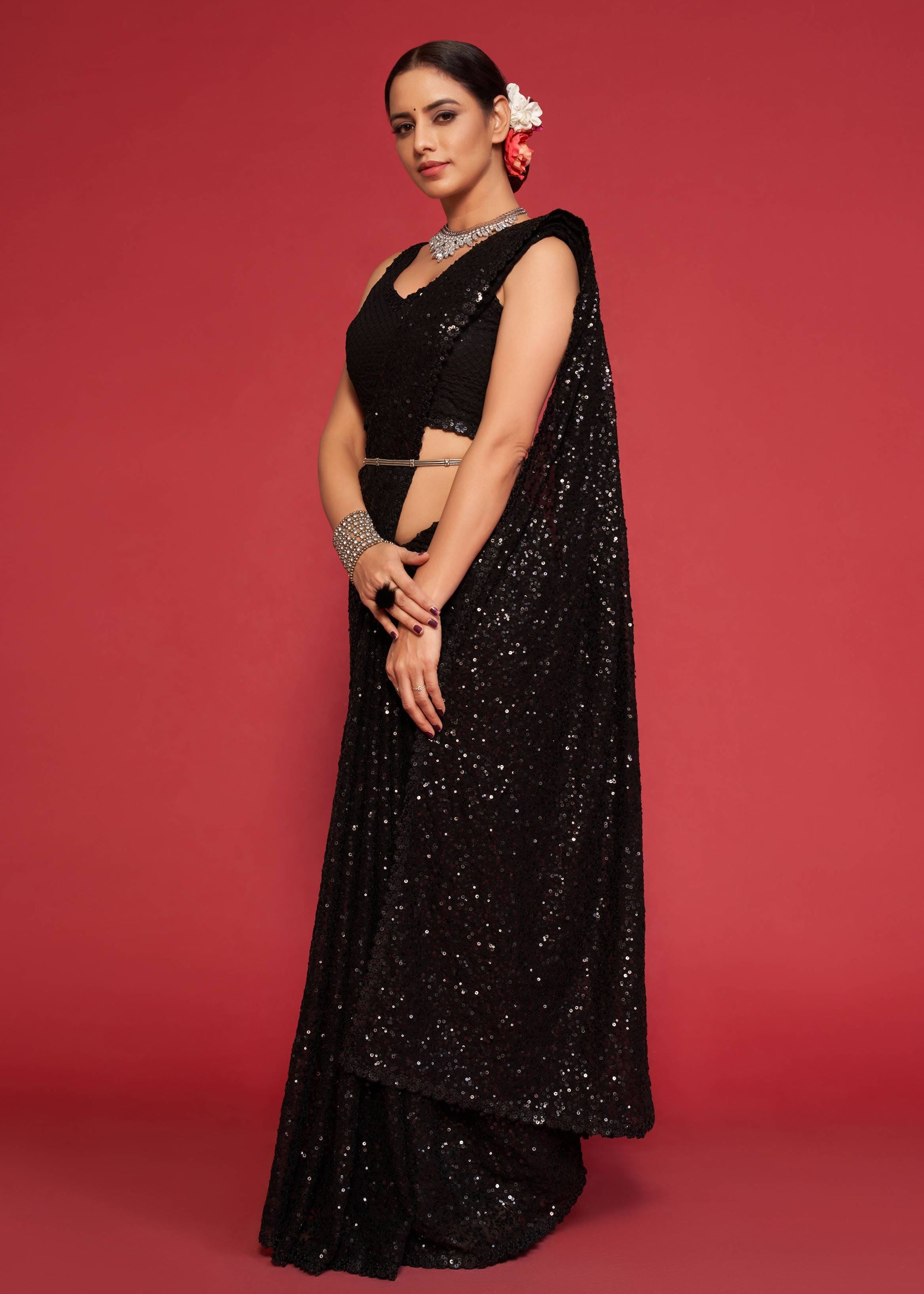 Black Georgette Saree with Thread Embroidery and Sequins Work