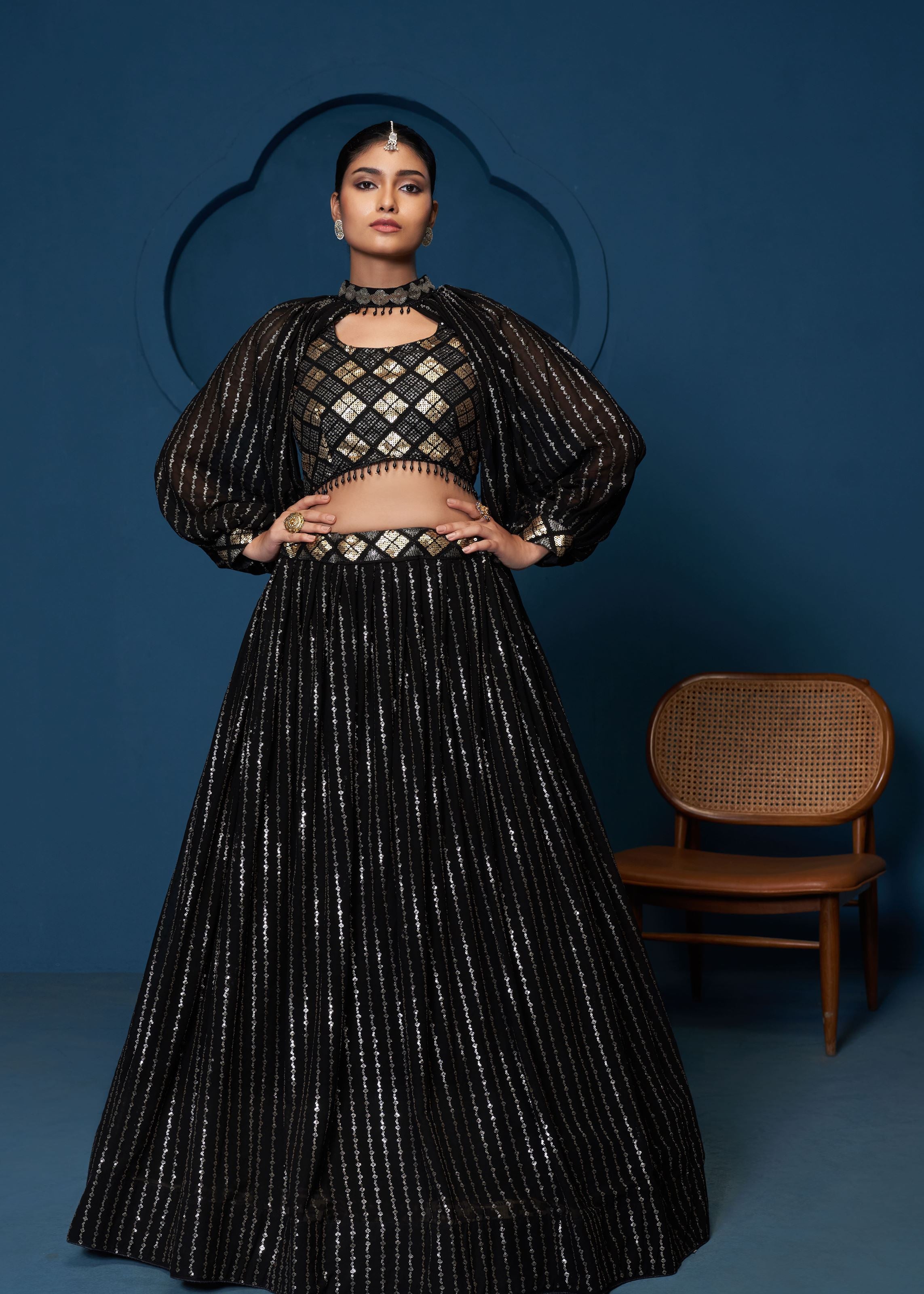 Black Georgette Sequence Embroidery Work Crop Top Choker Sleeves Lehenga Choli